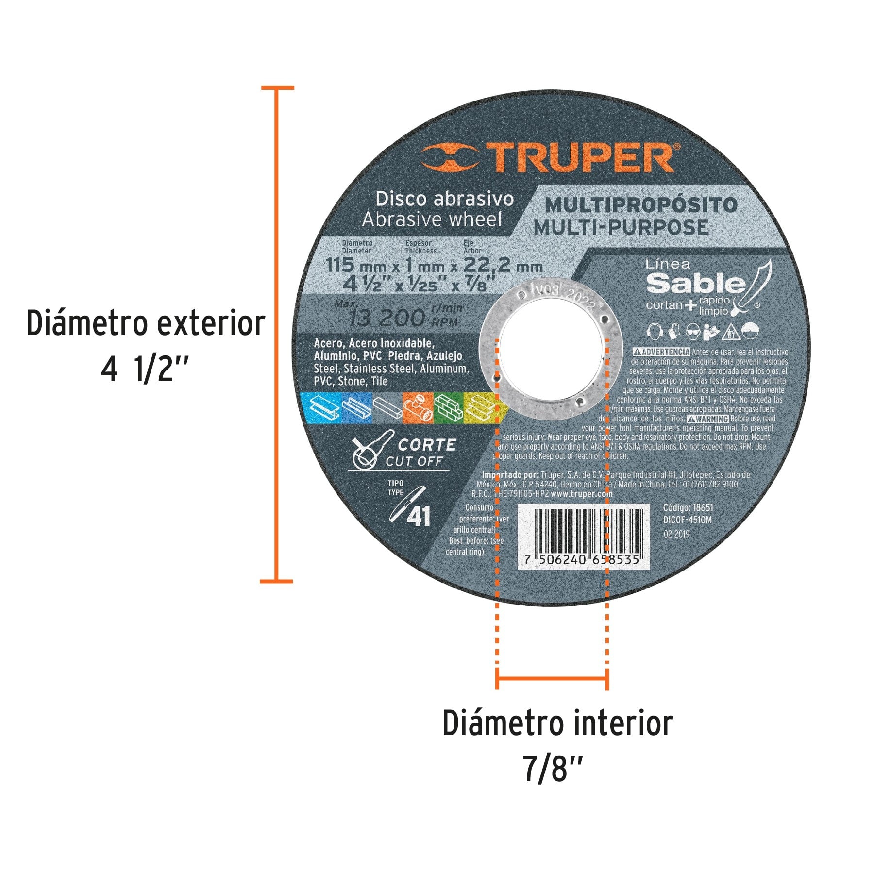 Disco Tipo 41 de 4-1/2" x 1 mm corte multimaterial, Truper - 18651