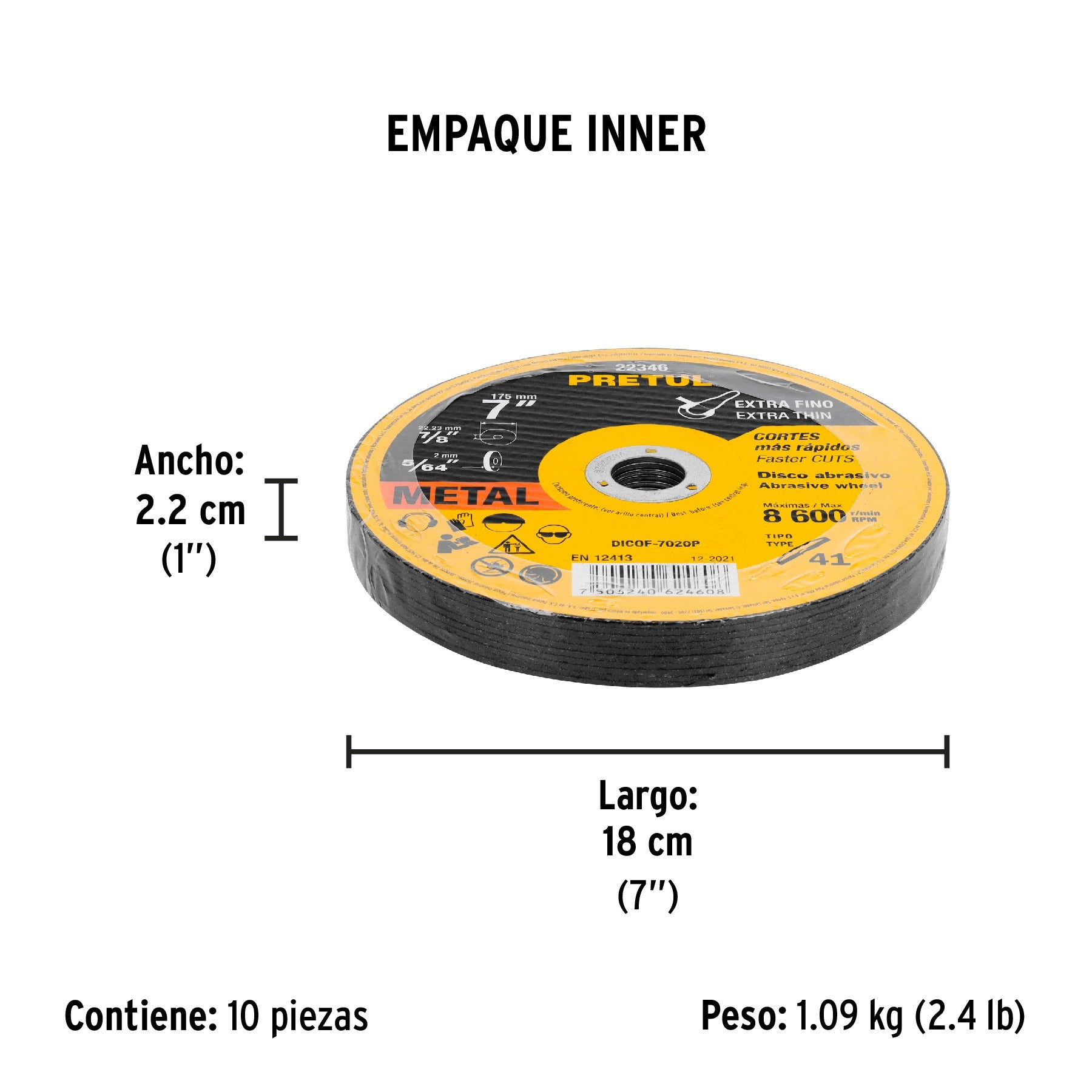 Pack de 10 und disco Tipo 41 de 7" x 2 mm corte fino de metal, Pretul - 22346/ 10 und