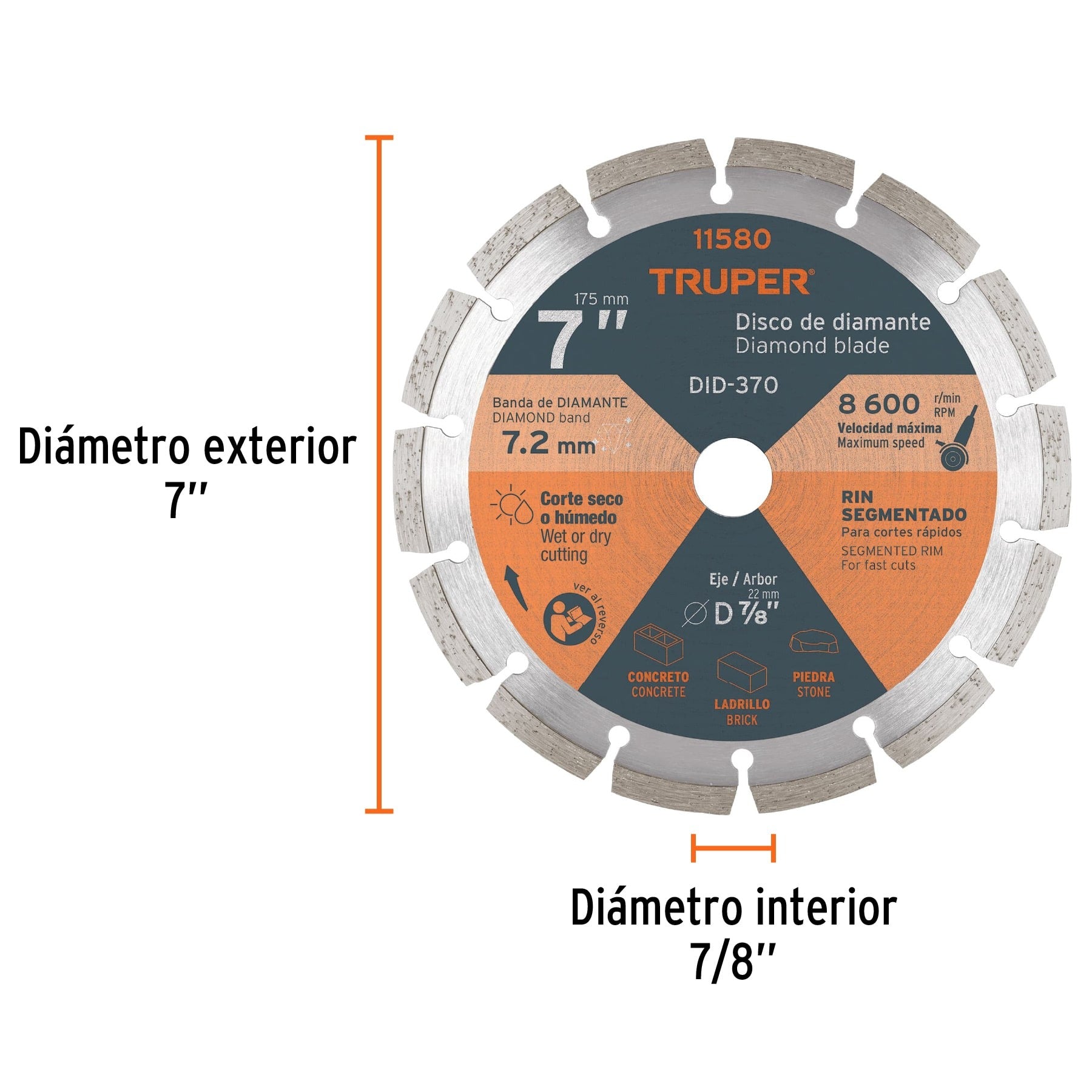 Disco de diamante de 7" x 2.5 mm, rin segmentado, TRUPER 11580