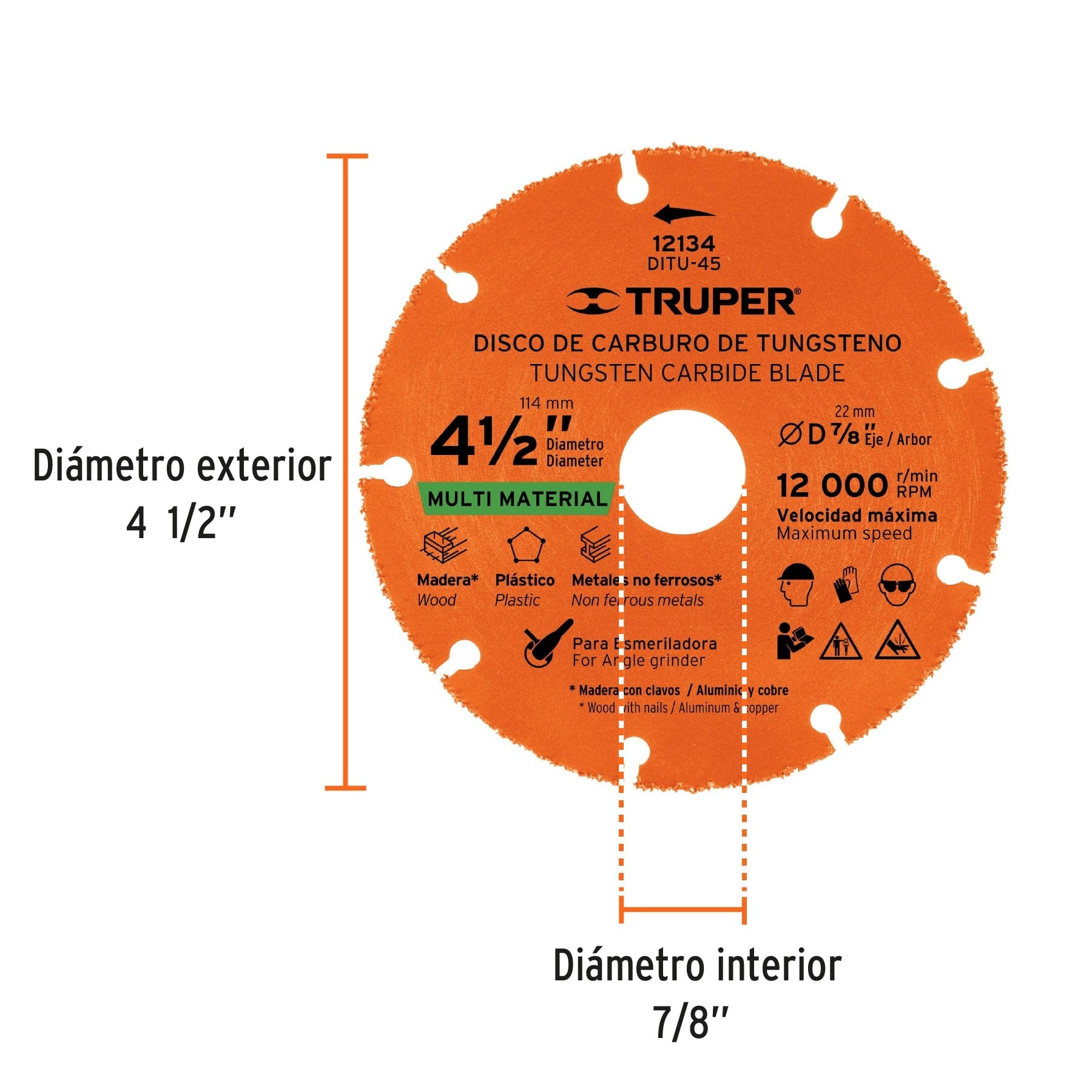 Disco 4-1/2" multimaterial de carburo de tungsteno, TRUPER - 12134