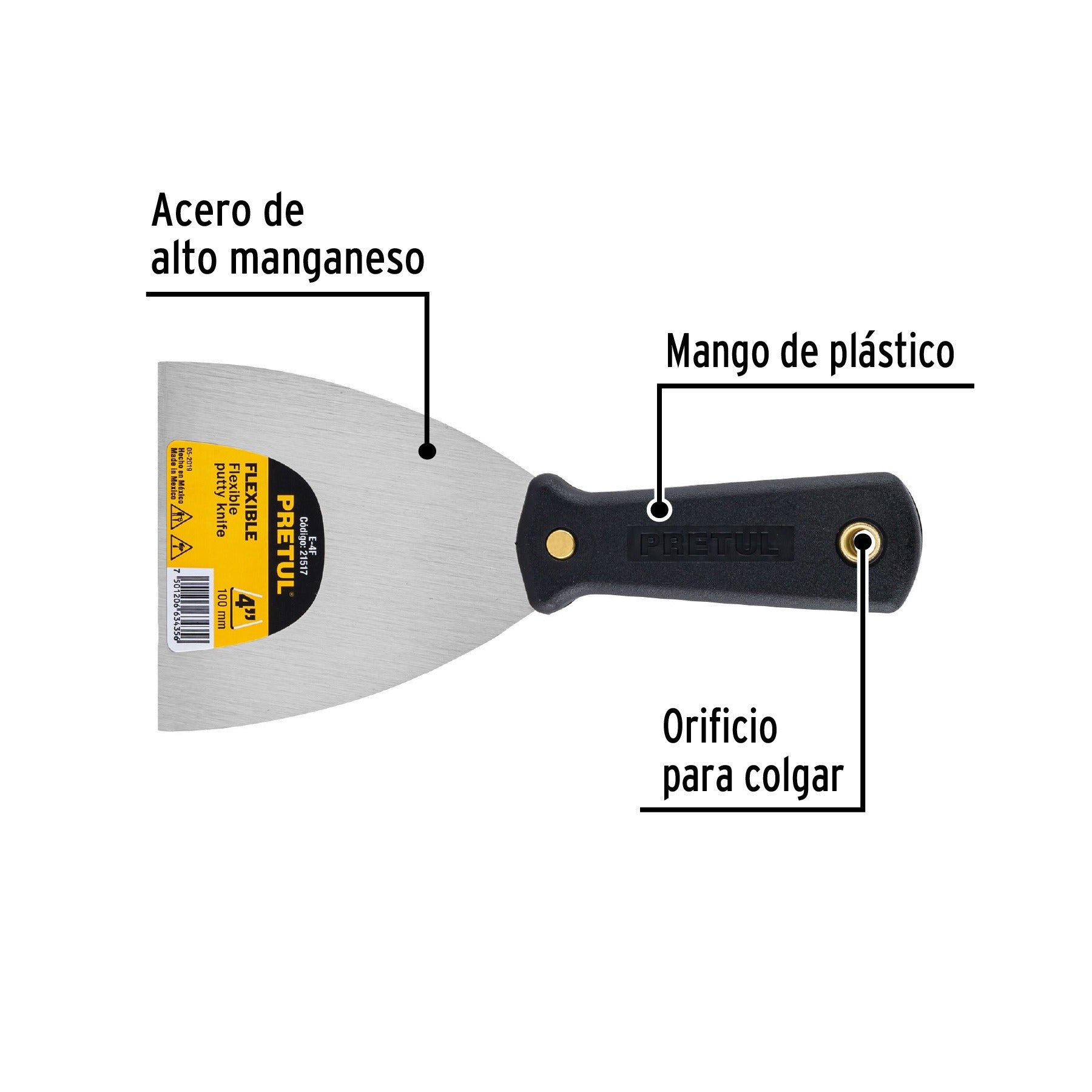 Espátula flexible 4" con mango de plástico, PRETUL 21517
