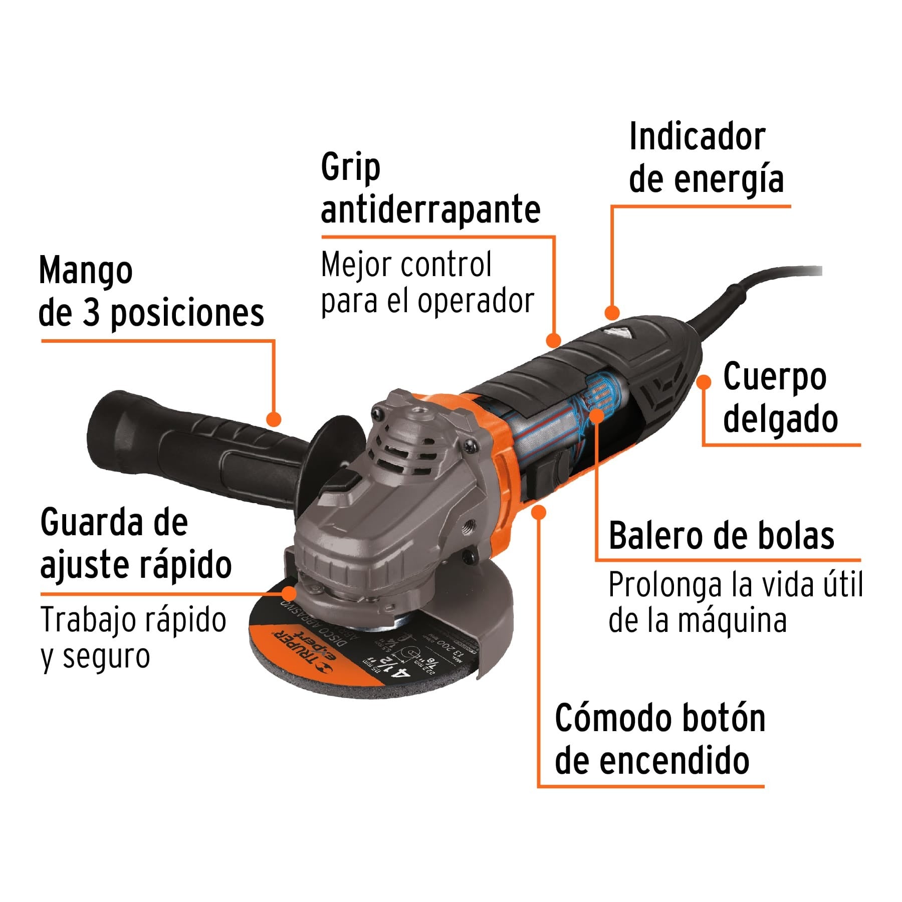 Esmeriladora angular 4-1/2", ERGO PRO, 800 W, 220 V Truper - 100735