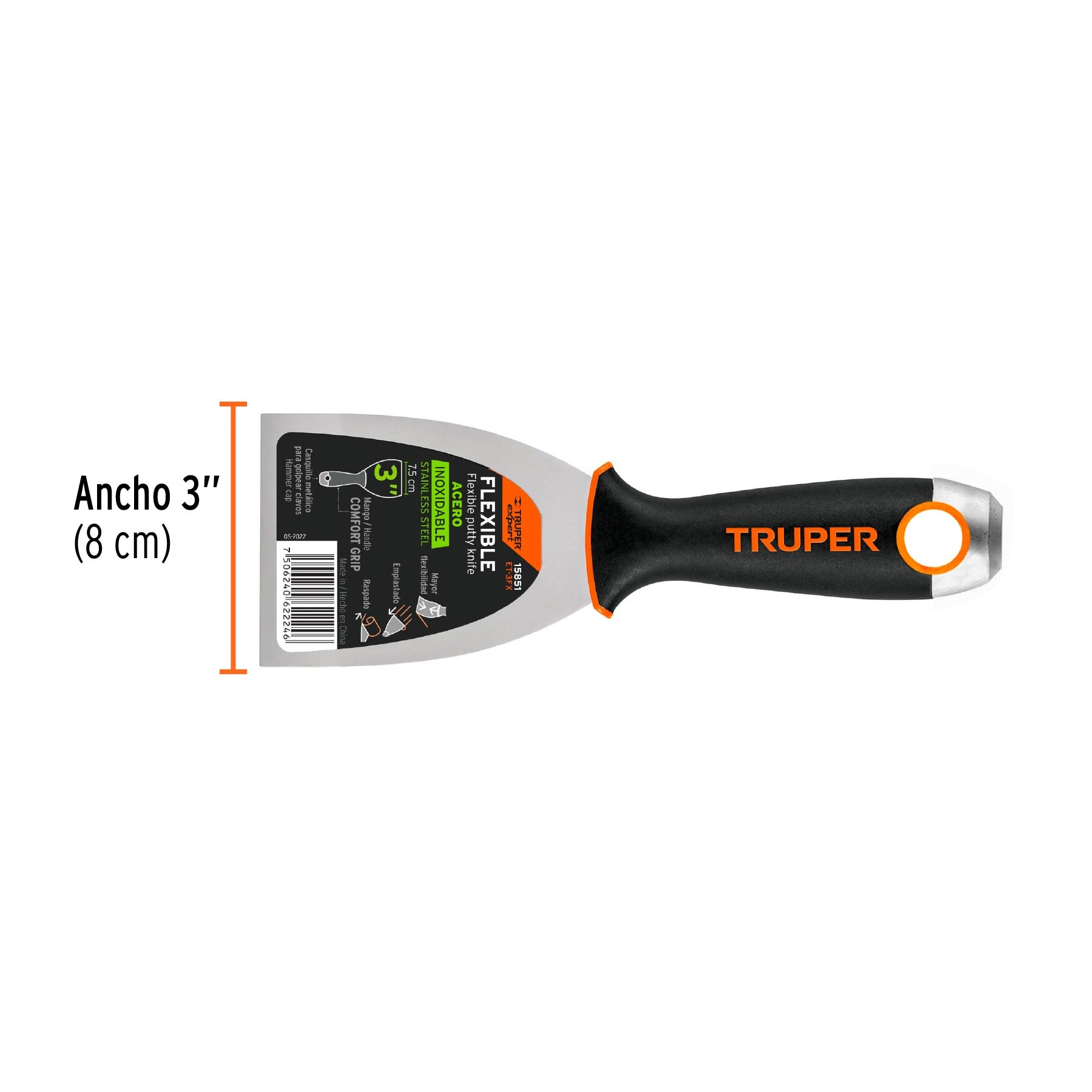 Espátula flexible 3" acero inoxidable, Comfort Grip, TRUPER - 15851