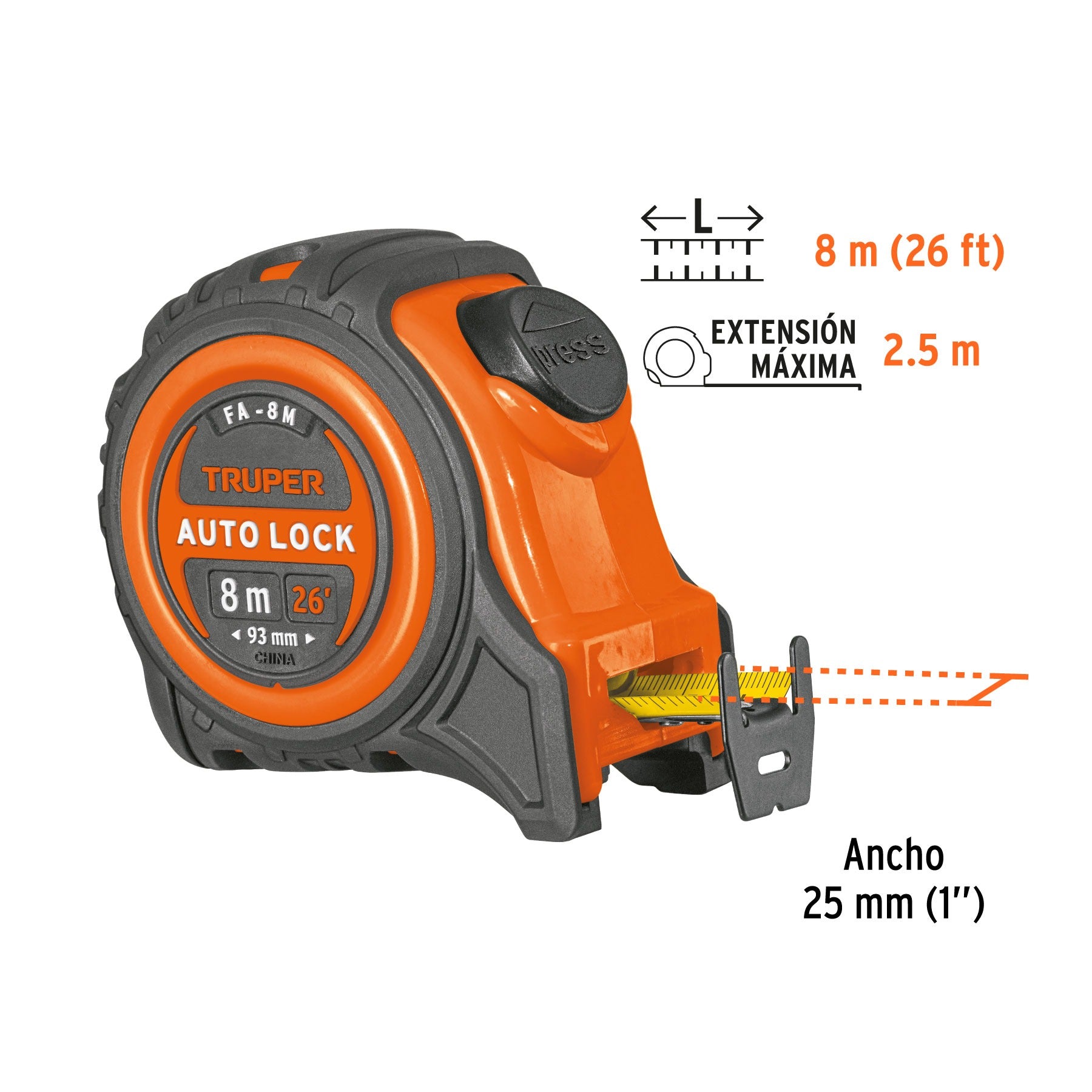 Cinta Metrica Wincha contra impactos 8 m cinta 25 mm TRUPER - 10749