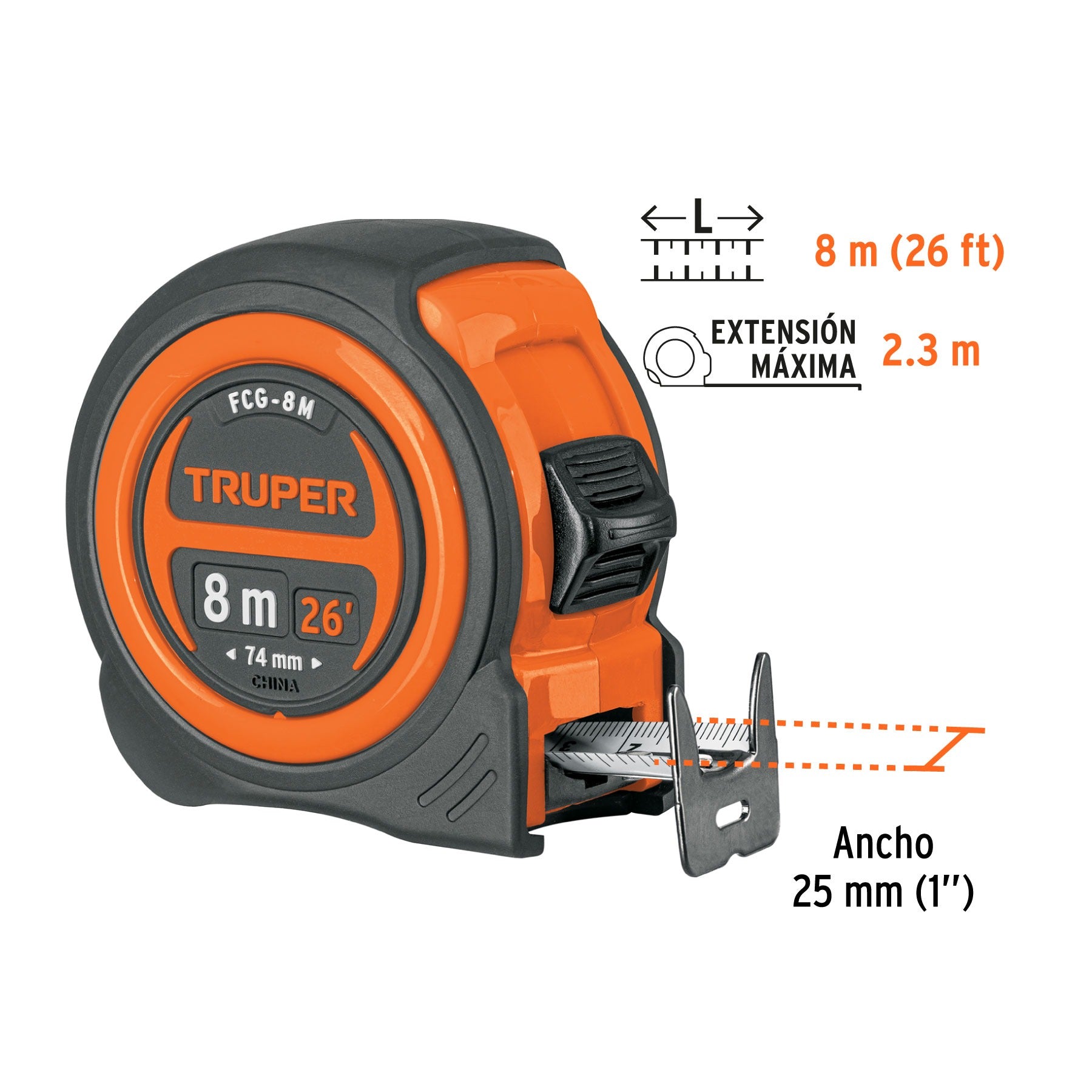 Cinta métrica compacto contra impactos 8 m cinta 25 mm, TRUPER 12774