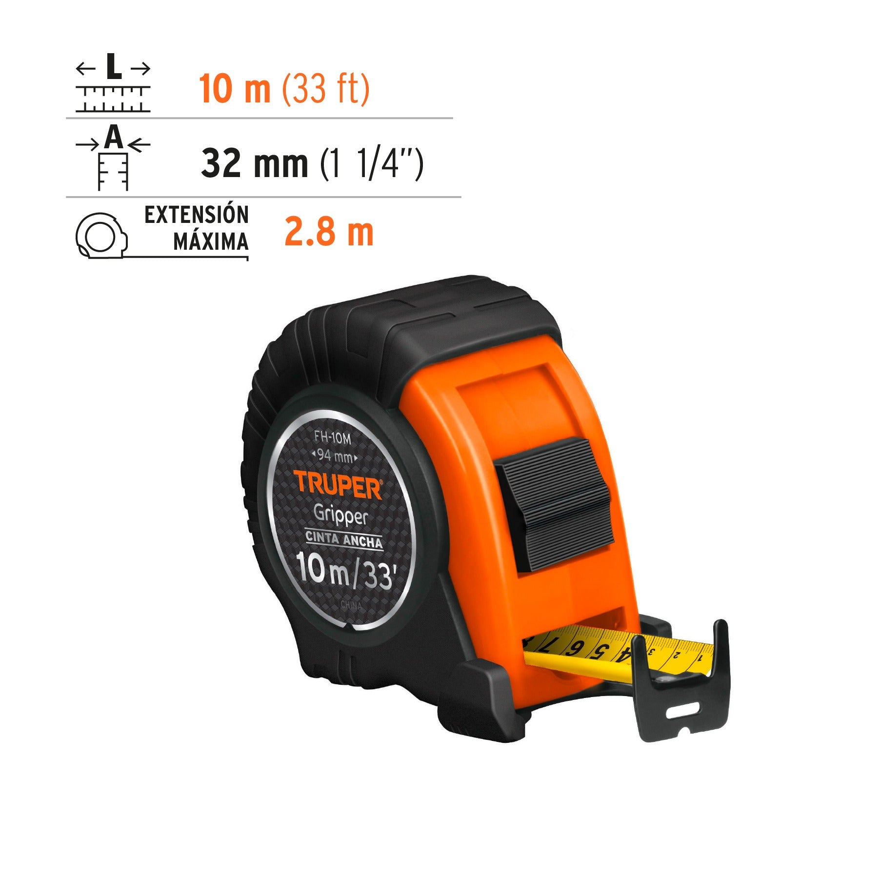 Flexómetro Gripper contra impactos 10 m cinta 32 mm, TRUPER - 14582