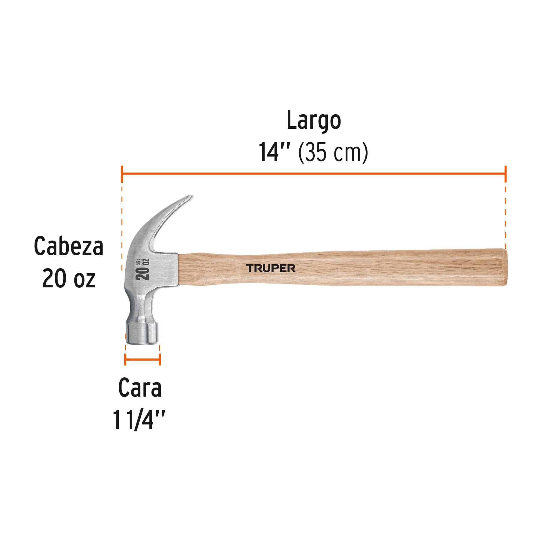 Martillo pulido, 20 oz, uña curva, mango madera, TRUPER 16753