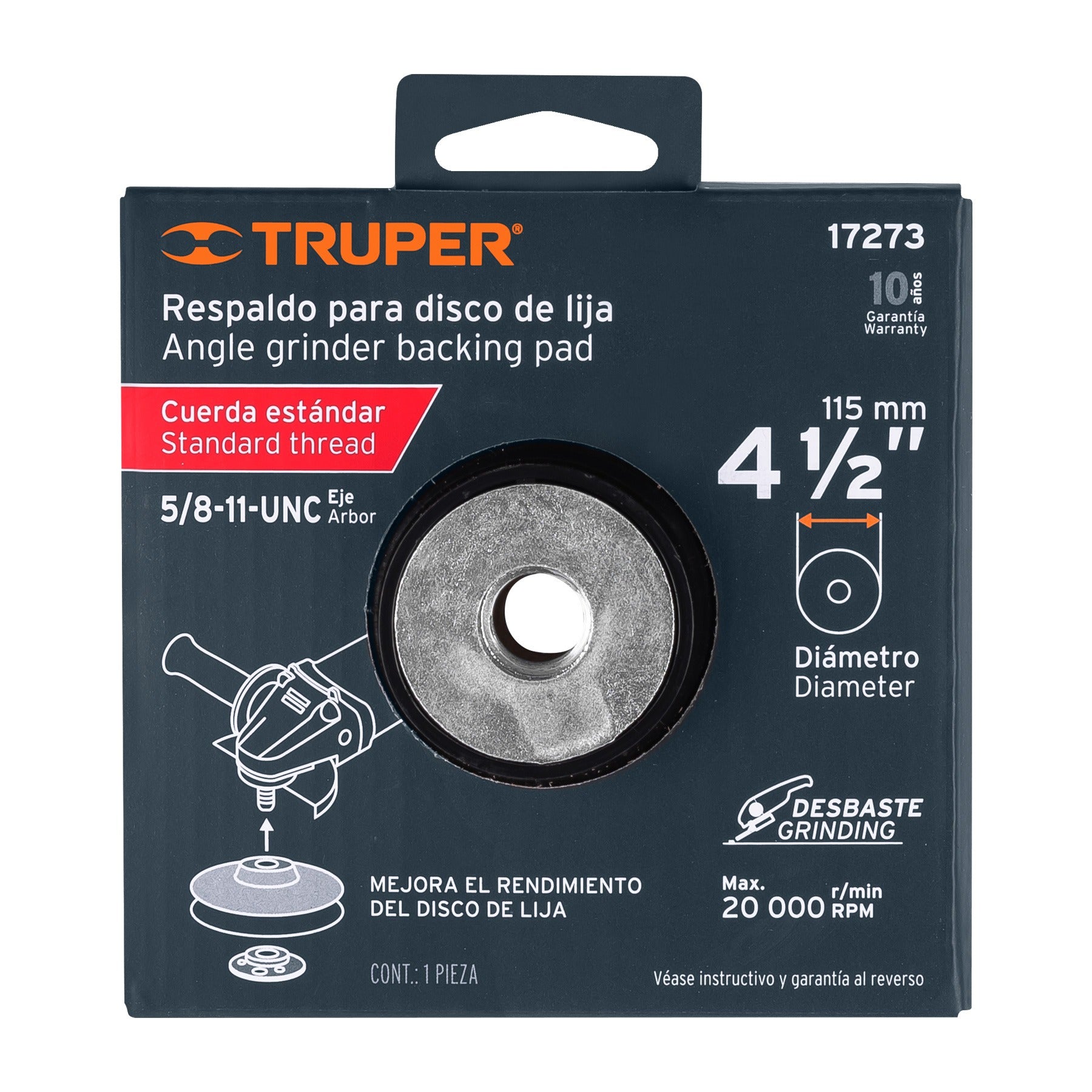 Respaldo para discos de lija 4-1/2", eje 5/8, TRUPER 17273