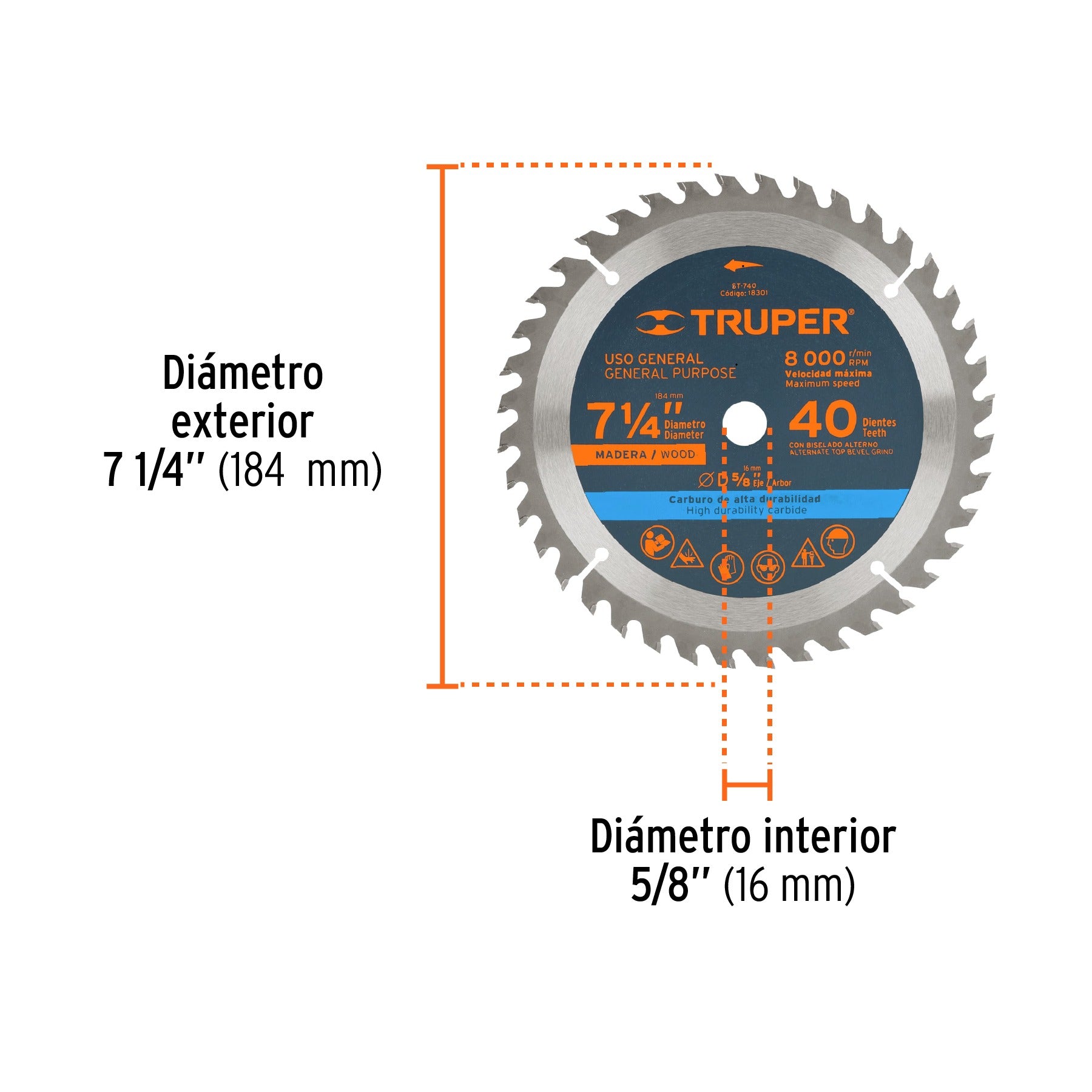 Disco sierra 7- 1/4" para madera, 40 dientes centro 5/8" Truper 18301