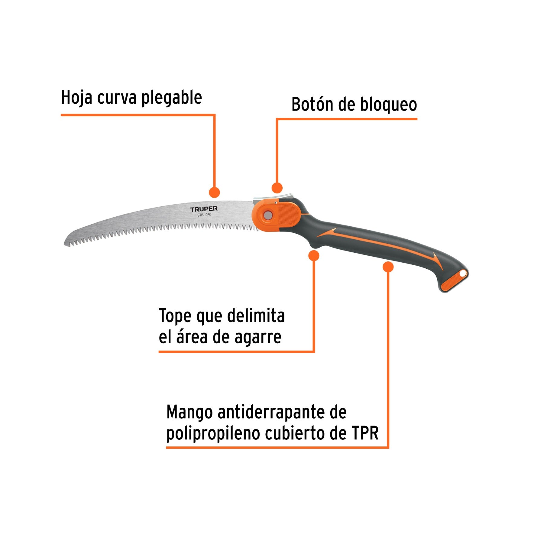 Serrucho plegable 10" hoja curva 5 DPP mango plástico,Truper - 100198