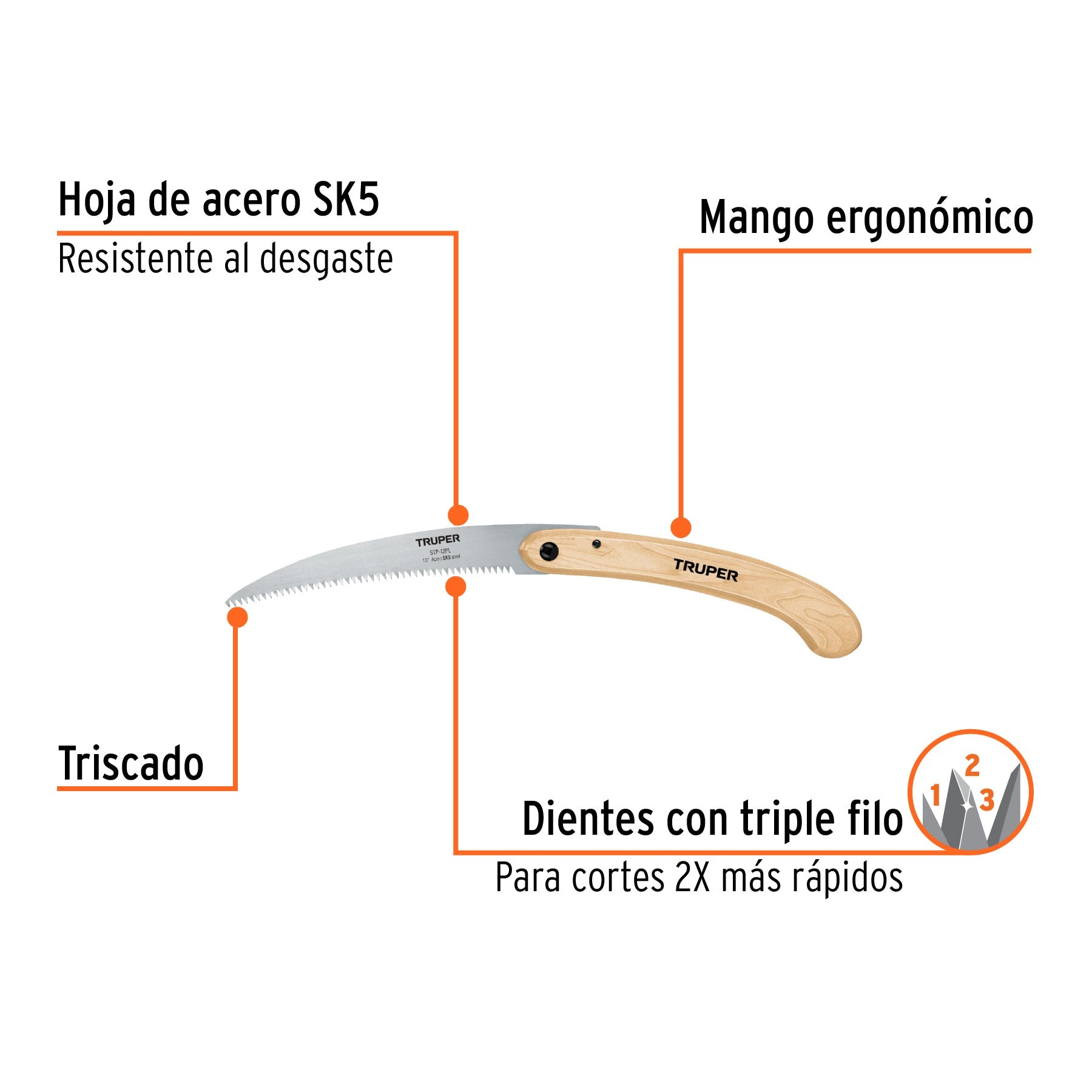 Serrucho plegable 10" hoja curva 6 DPP, mango madera, Truper - 18178