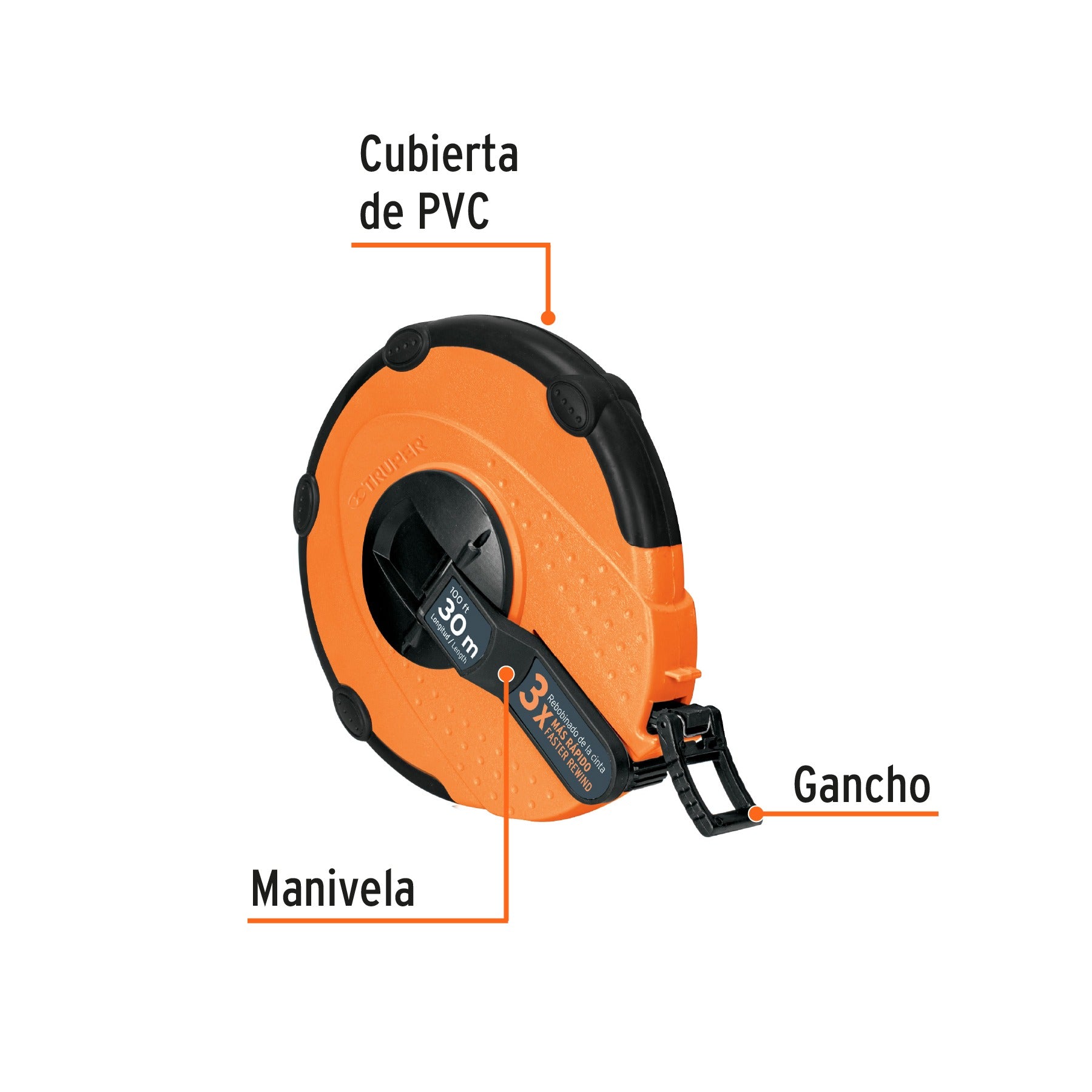 Cinta métrica larga 30m fibra de vidrio, carcasa plástica Truper 12639