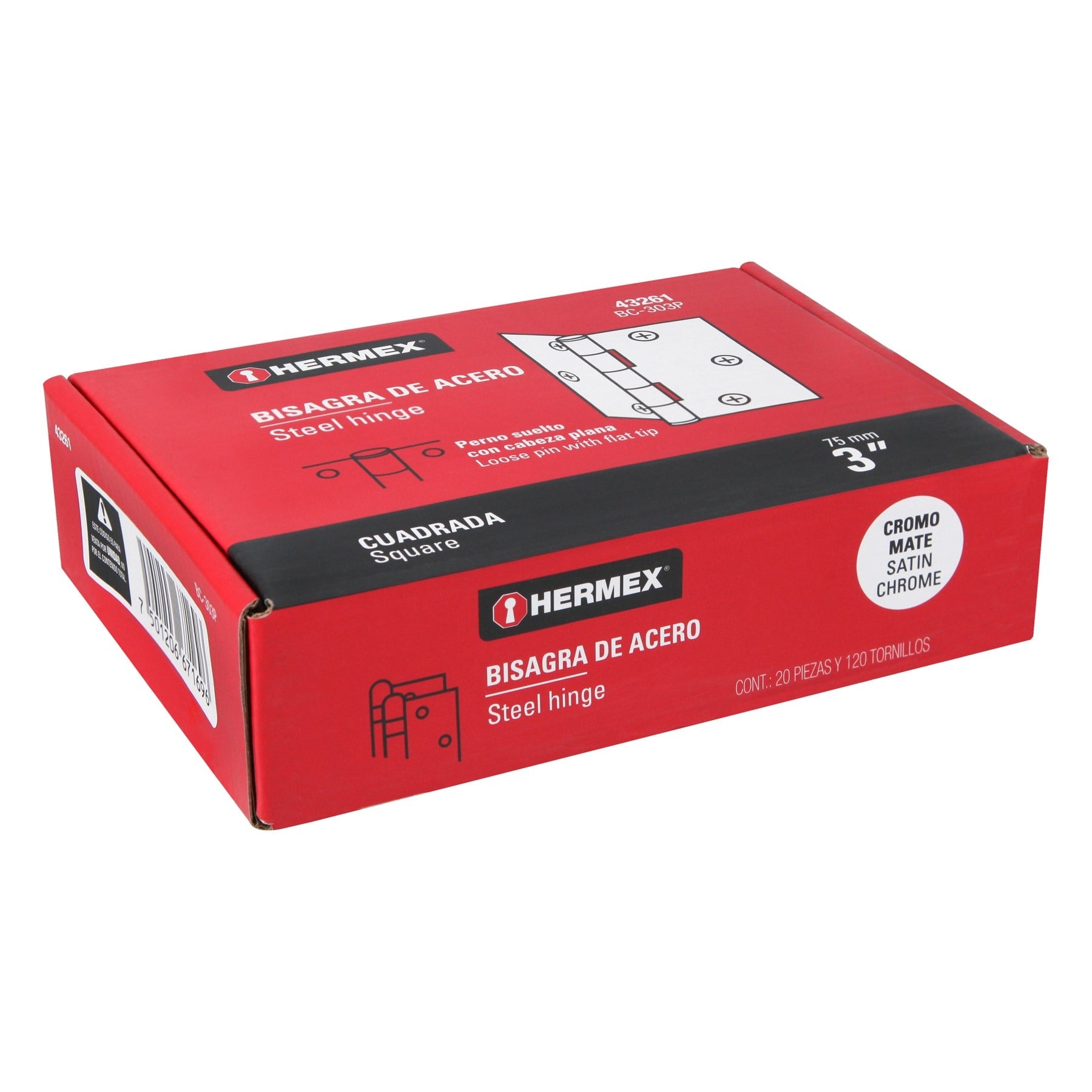 Bisagra cuadrada 3", satinado, cabeza plana, HERMEX - 43261