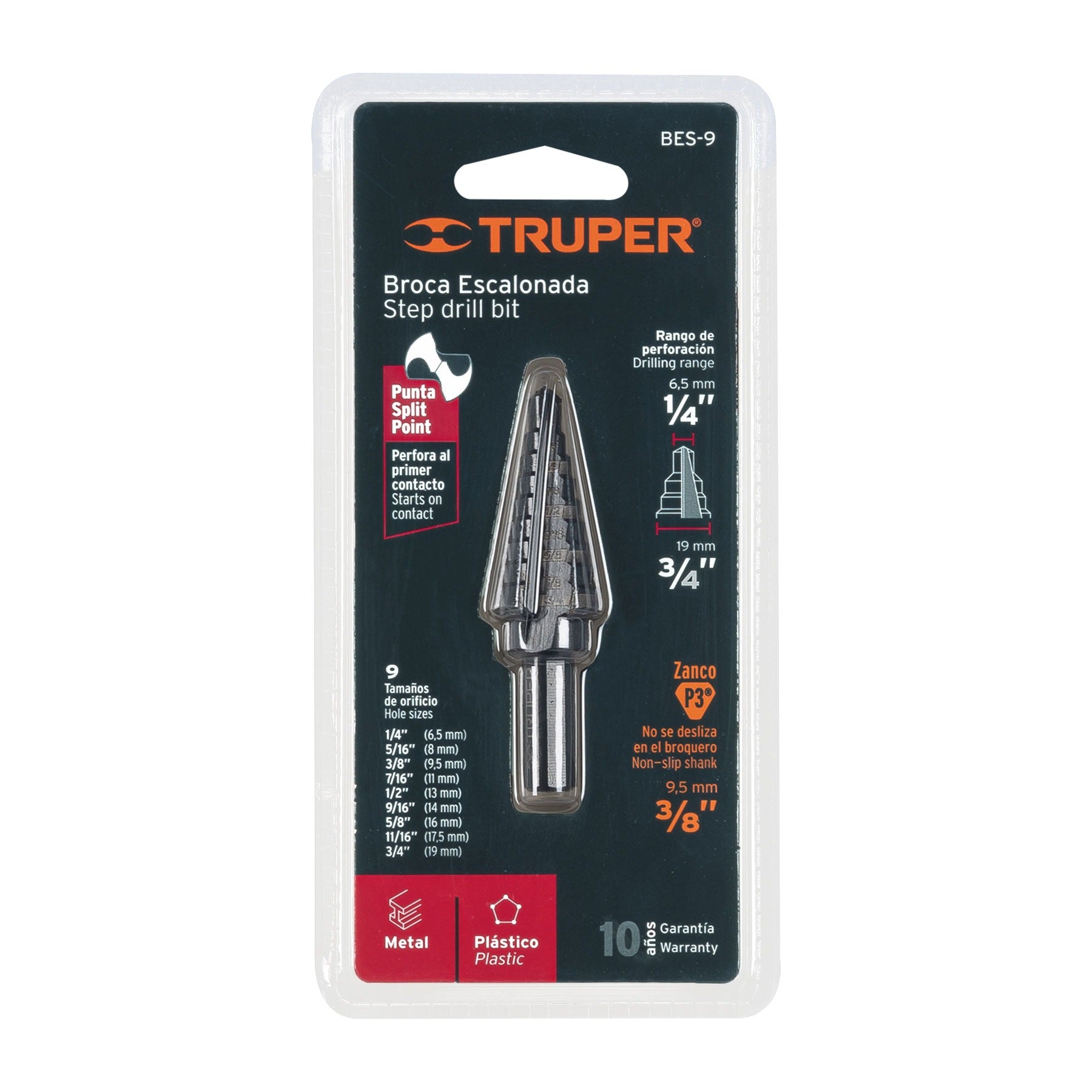 Broca escalonada óxido negro 9 escalones 1/4" a 3/4", TRUPER 12123