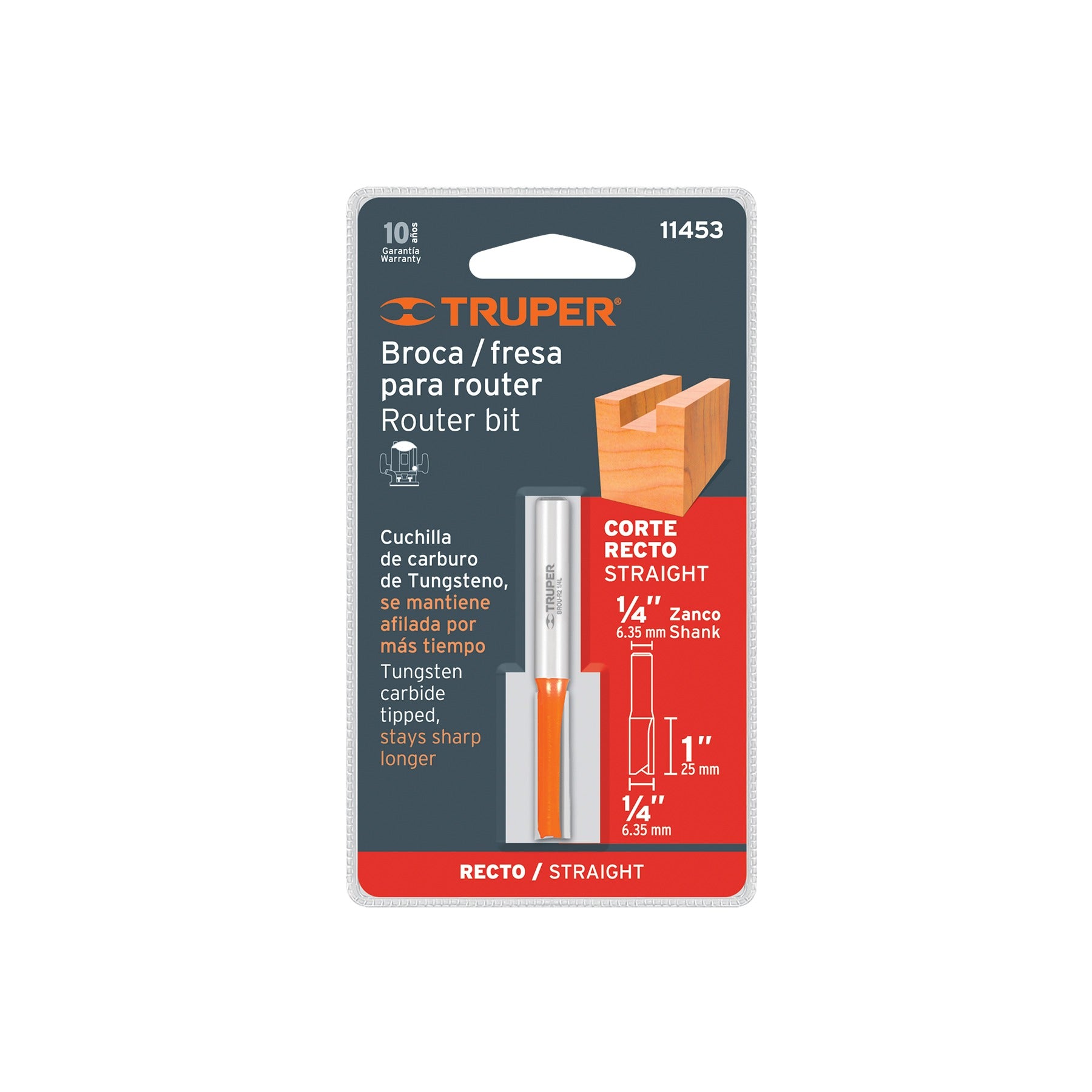 Broca para router, recta 2 filos, 1/4", larga, TRUPER 11453