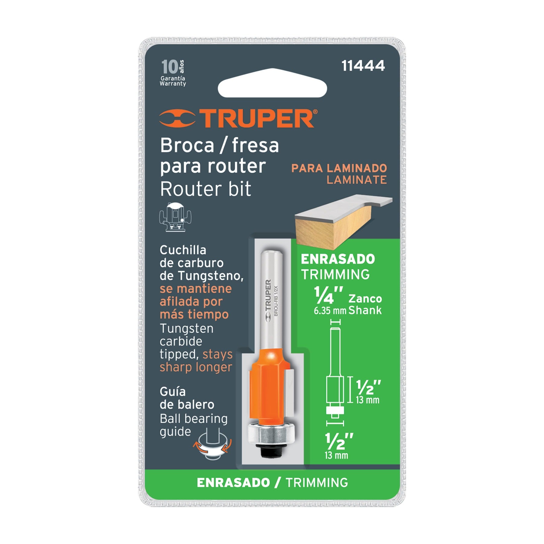 Broca para router, corte recto, 1/2" con balero, TRUPER 11444