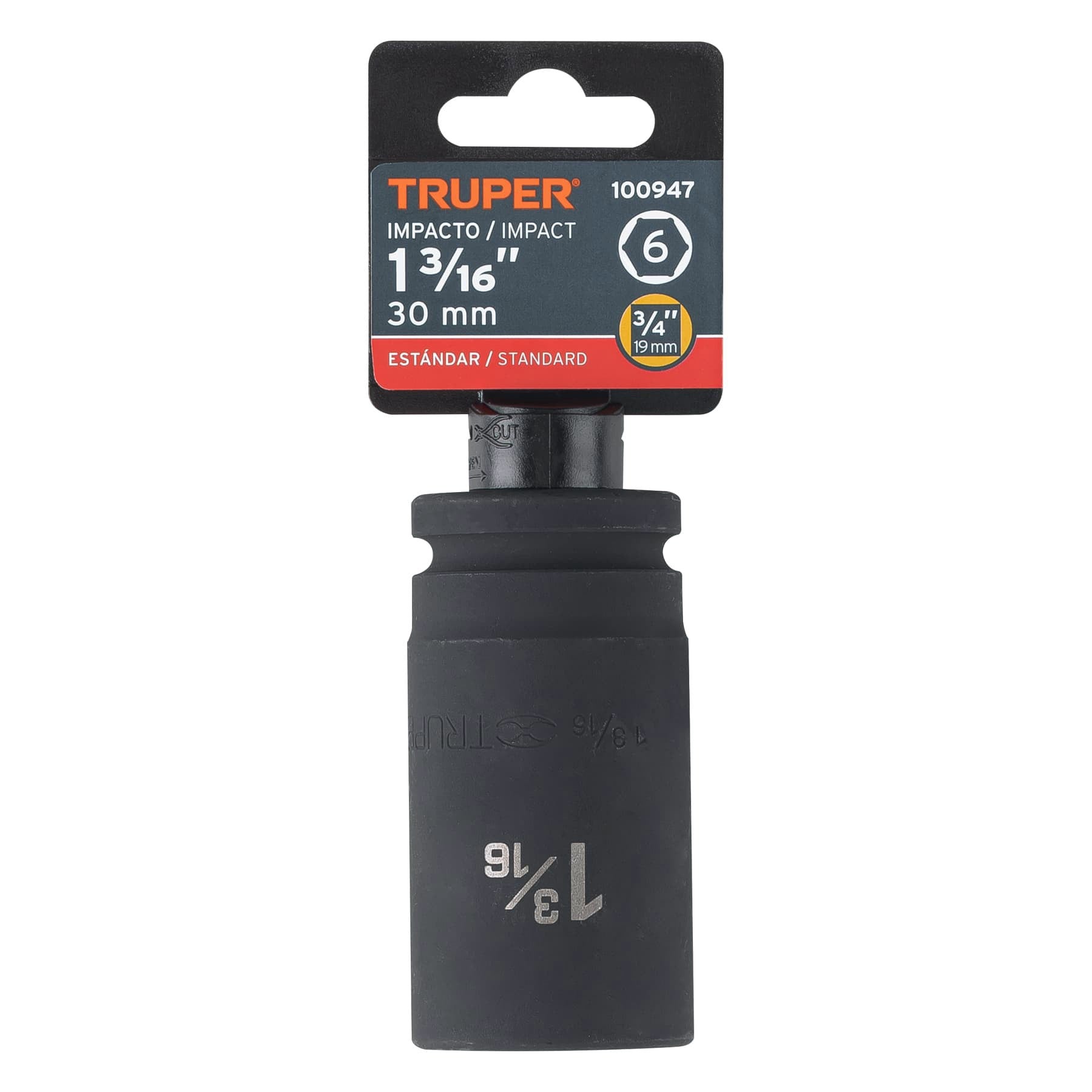 Dado largo de impacto de 1-3/16", 6 puntas, cuadro 3/4" TRUPER 100947