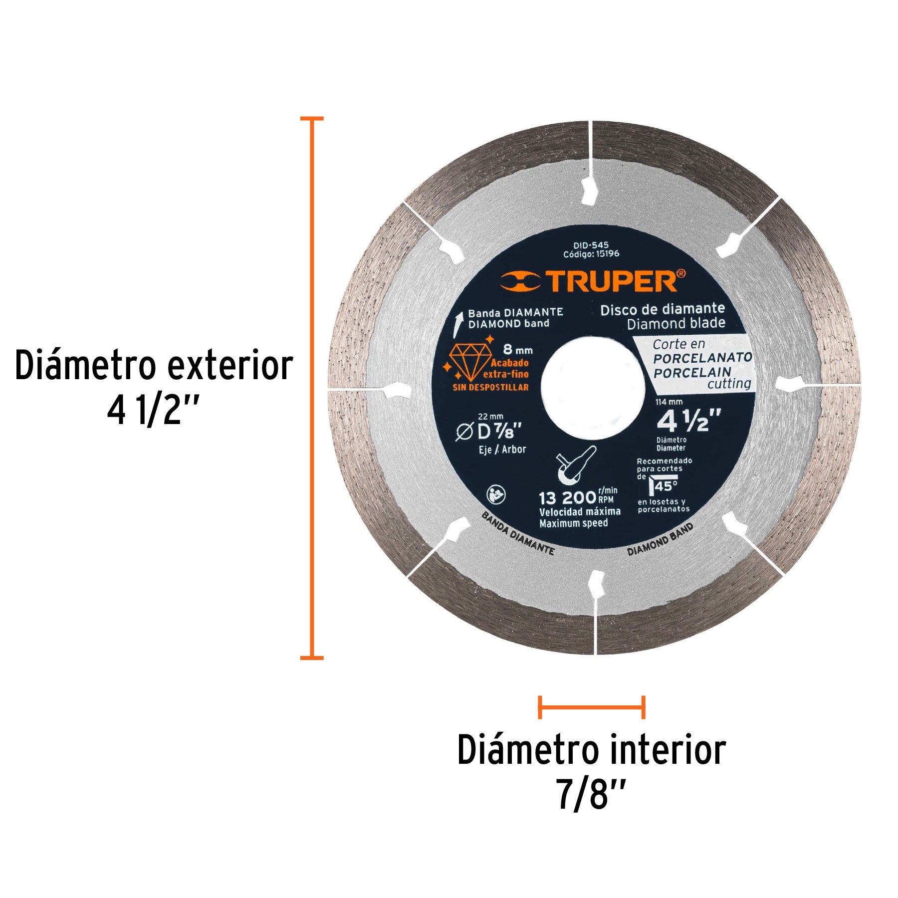 Disco de diamante de 4-1/2" x 1.3 mm, corte de porcelanato Truper - 15196