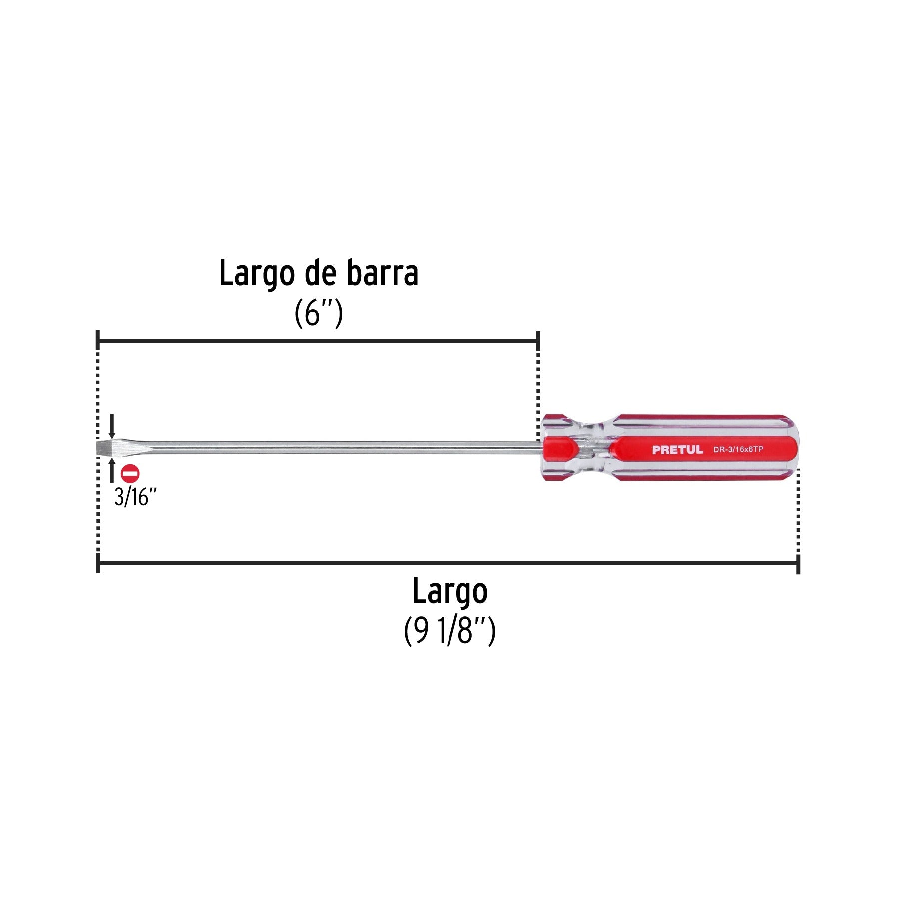 Desarmador plano 3/16 x 6" mango de PVC, PRETUL 21457