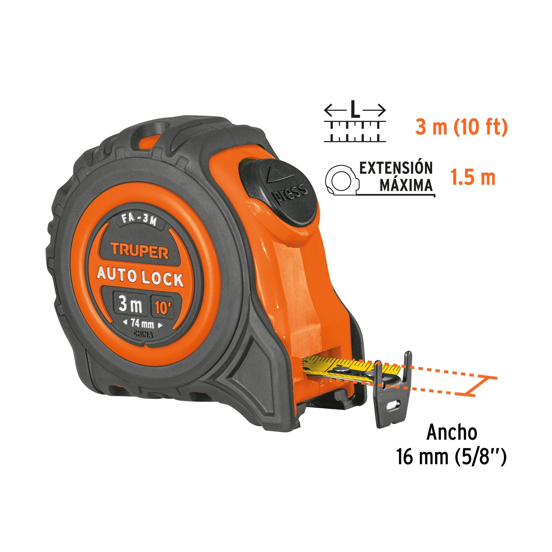 Cinta métrica Wincha Auto-Lock contra impactos 3 m cinta 16 mm, Truper - 10746