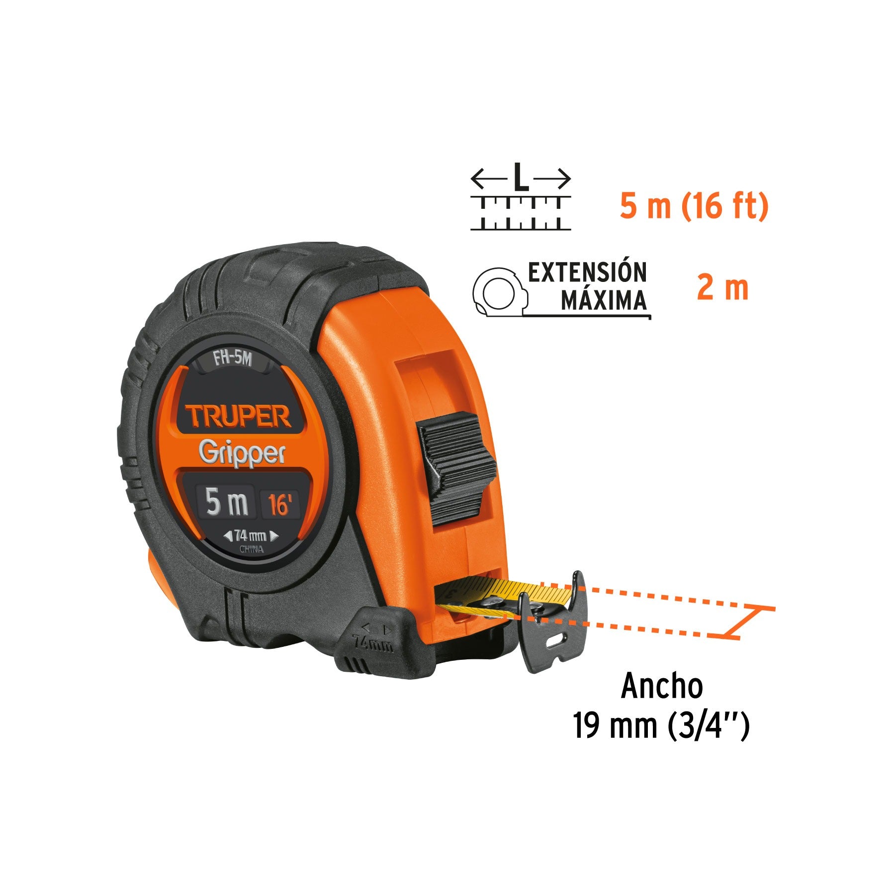 Cinta Metrica Gripper contra impactos 5m cinta 19mm Truper - 14578