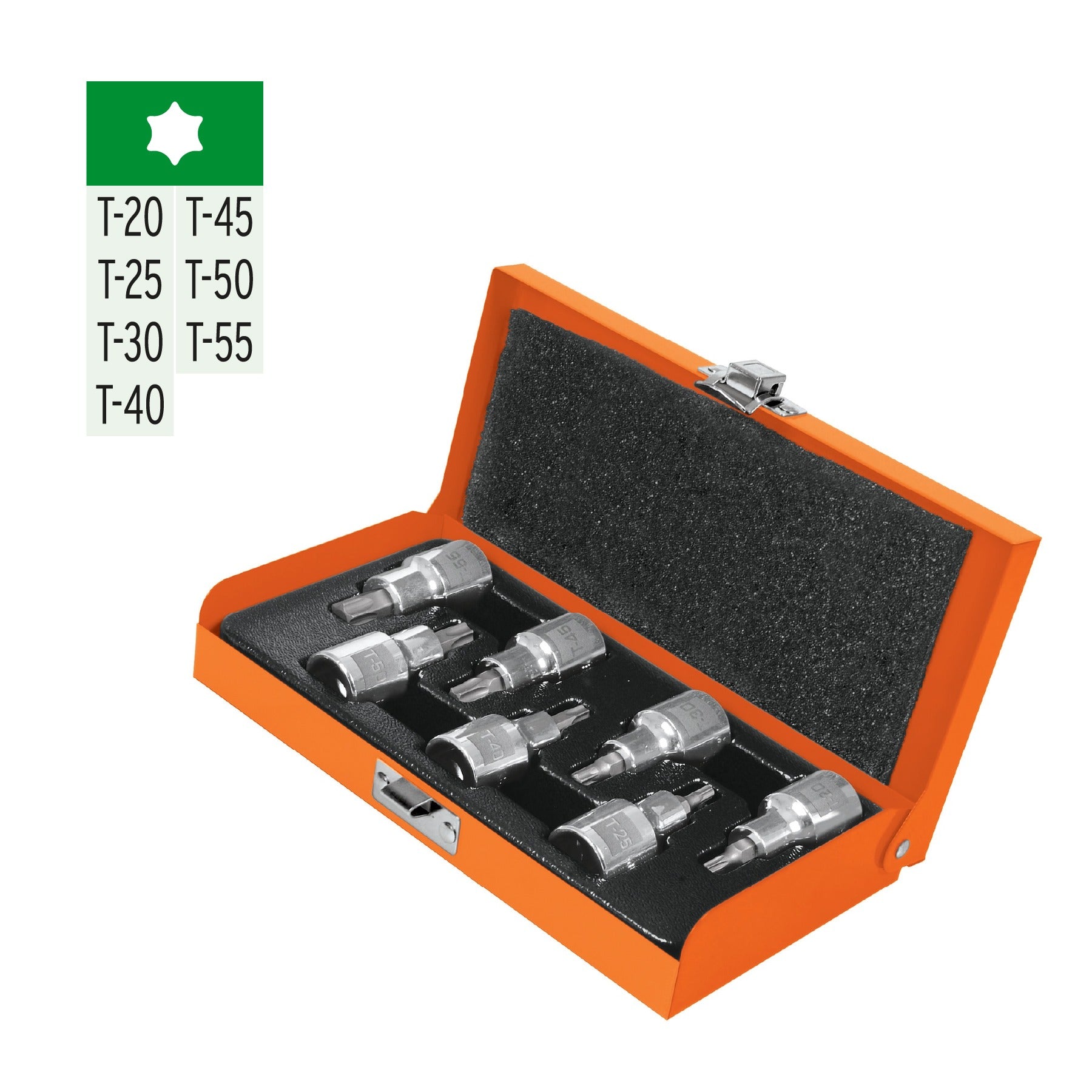 Juego de 7 dados cuadro 1/2" punta torx, estuche metálico TRUPER 13928