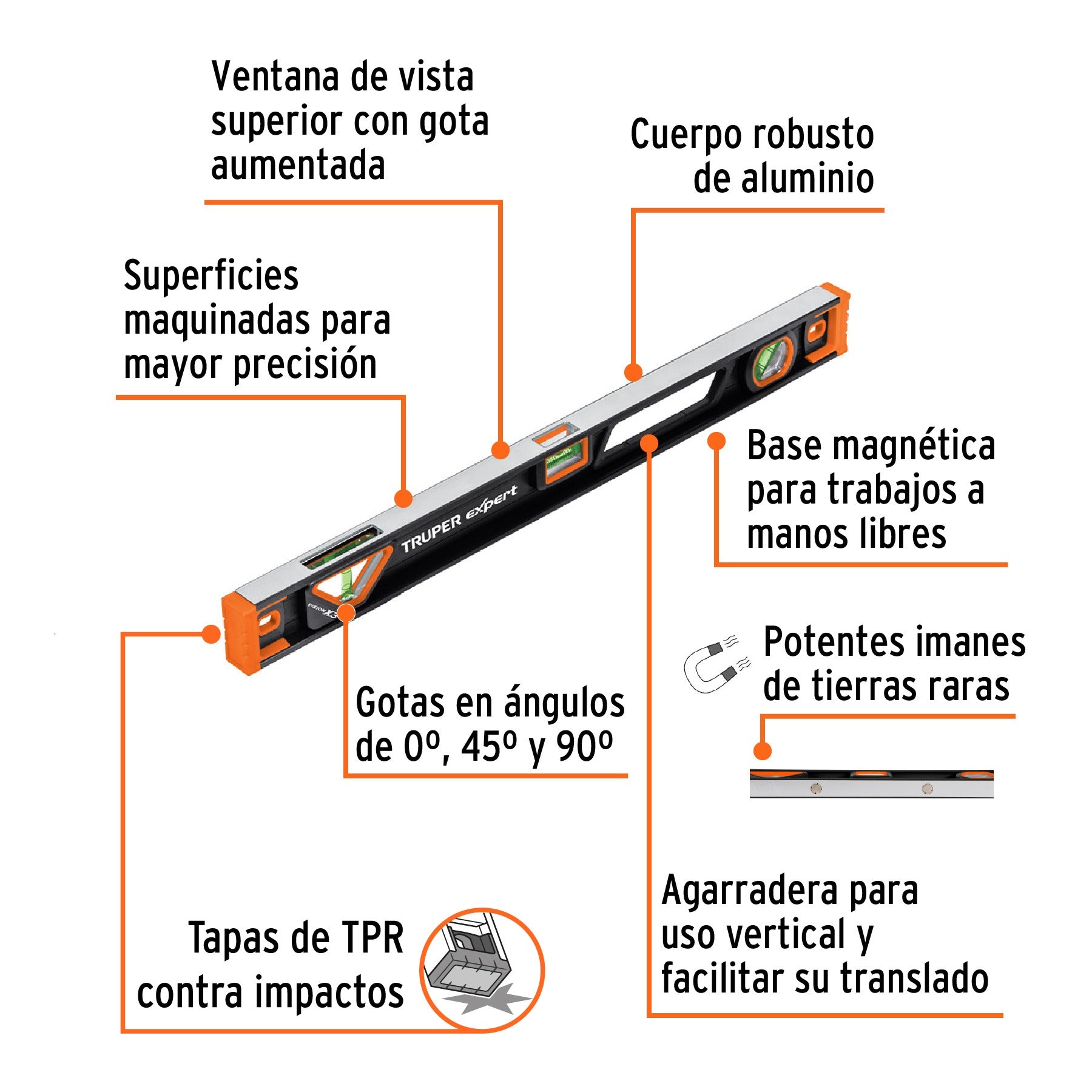 Nivel profesional magnético de 24", protección TPR, TRUPER 14626