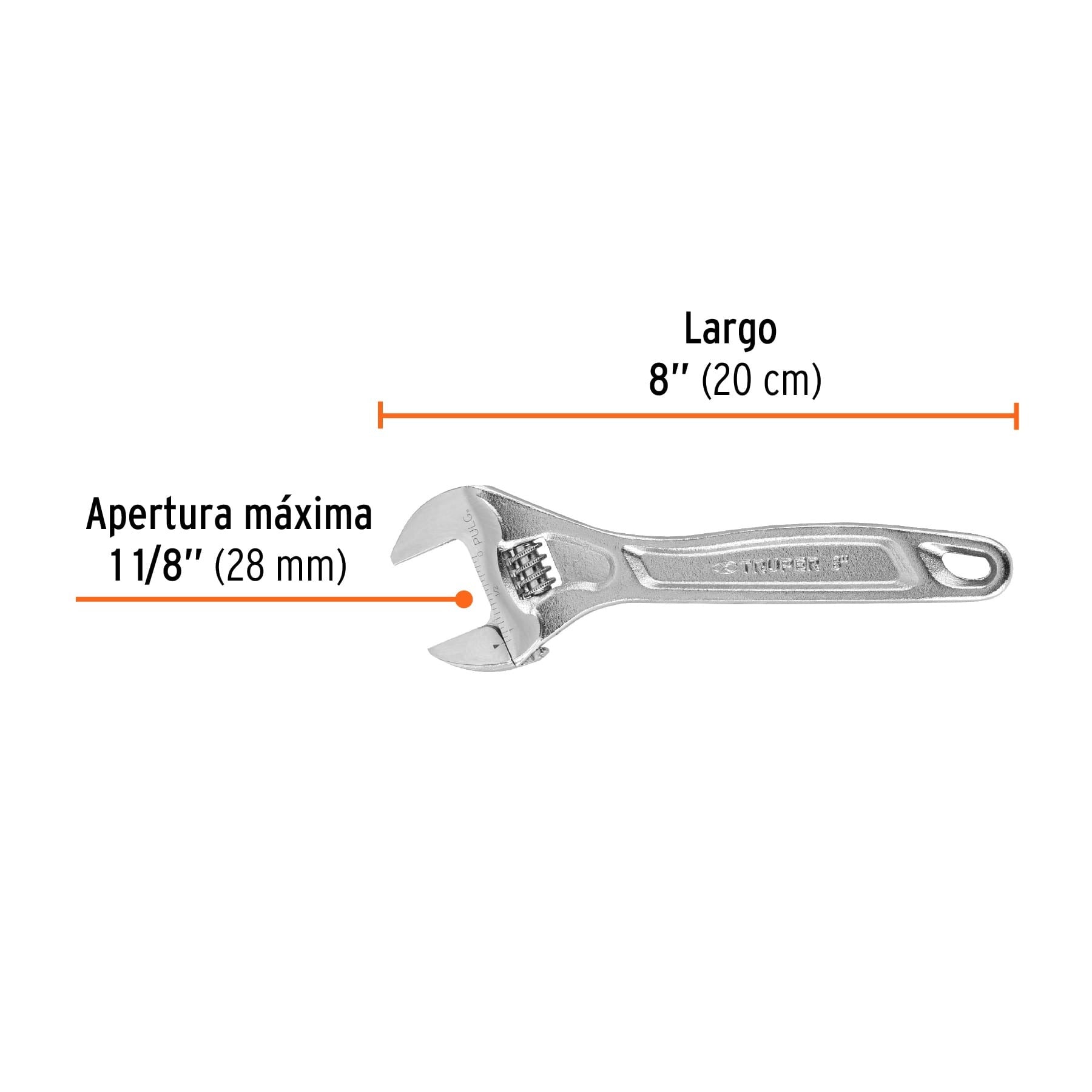 Llave ajustable (perico) 8" profesional cromada, Truper - 15506