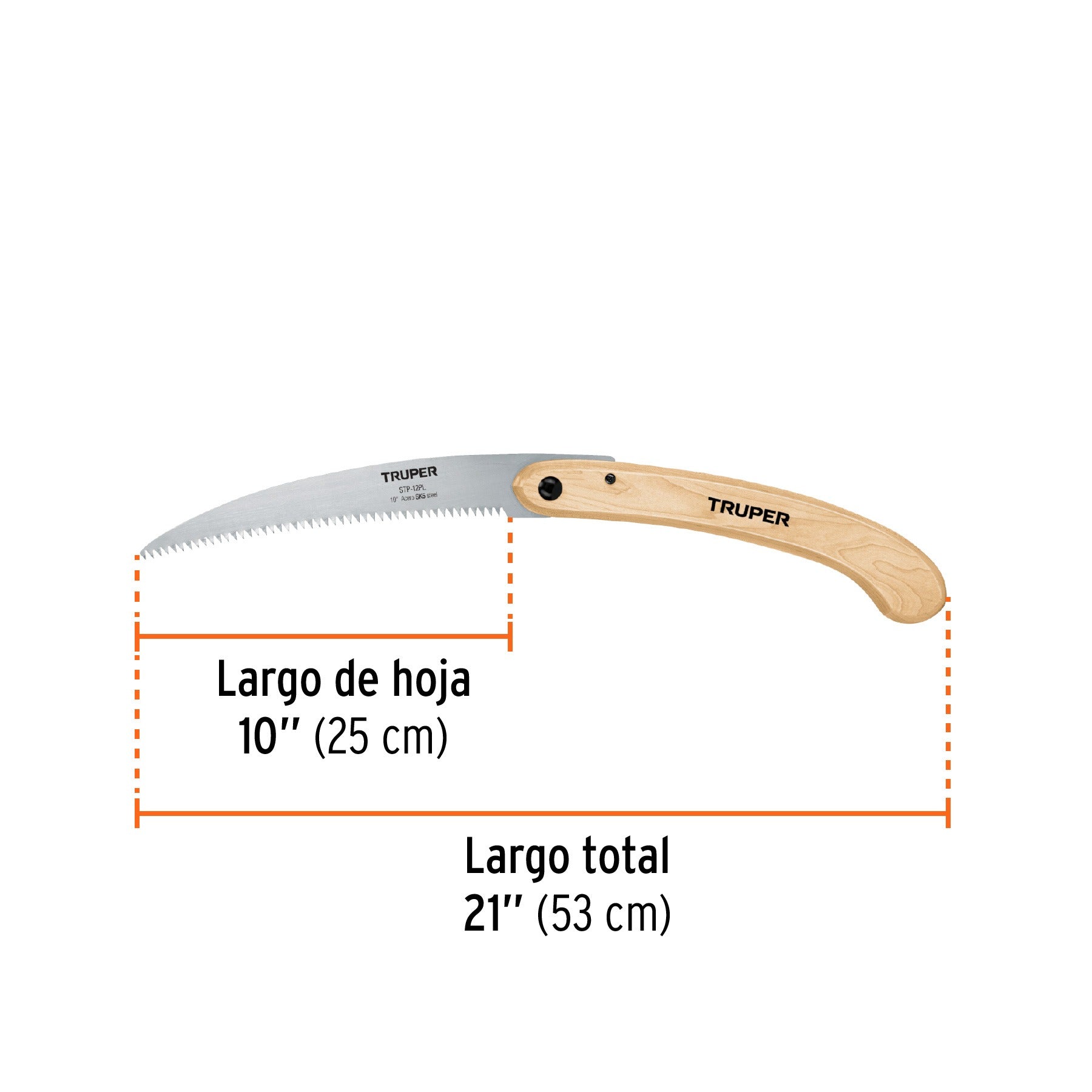 Serrucho plegable 10" hoja curva 6 DPP, mango madera, Truper - 18178