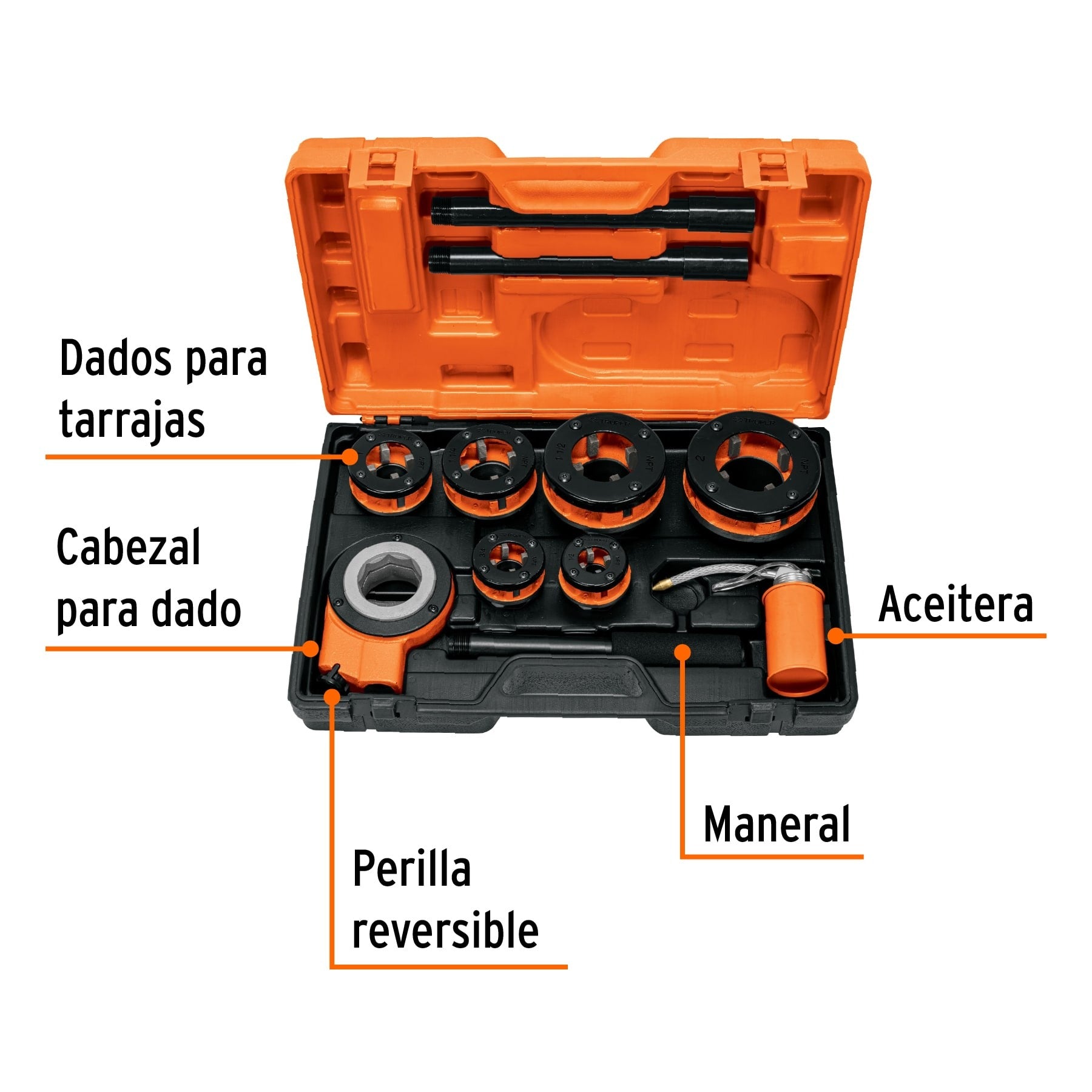 Juego de 9 tarrajas para tubo de 1/2" a 2", TRUPER 13071