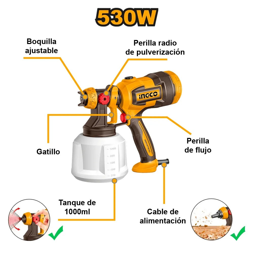 Pistola de Pintar Electrica 530w con tacho plastico 1000ML INGCO SPG4506