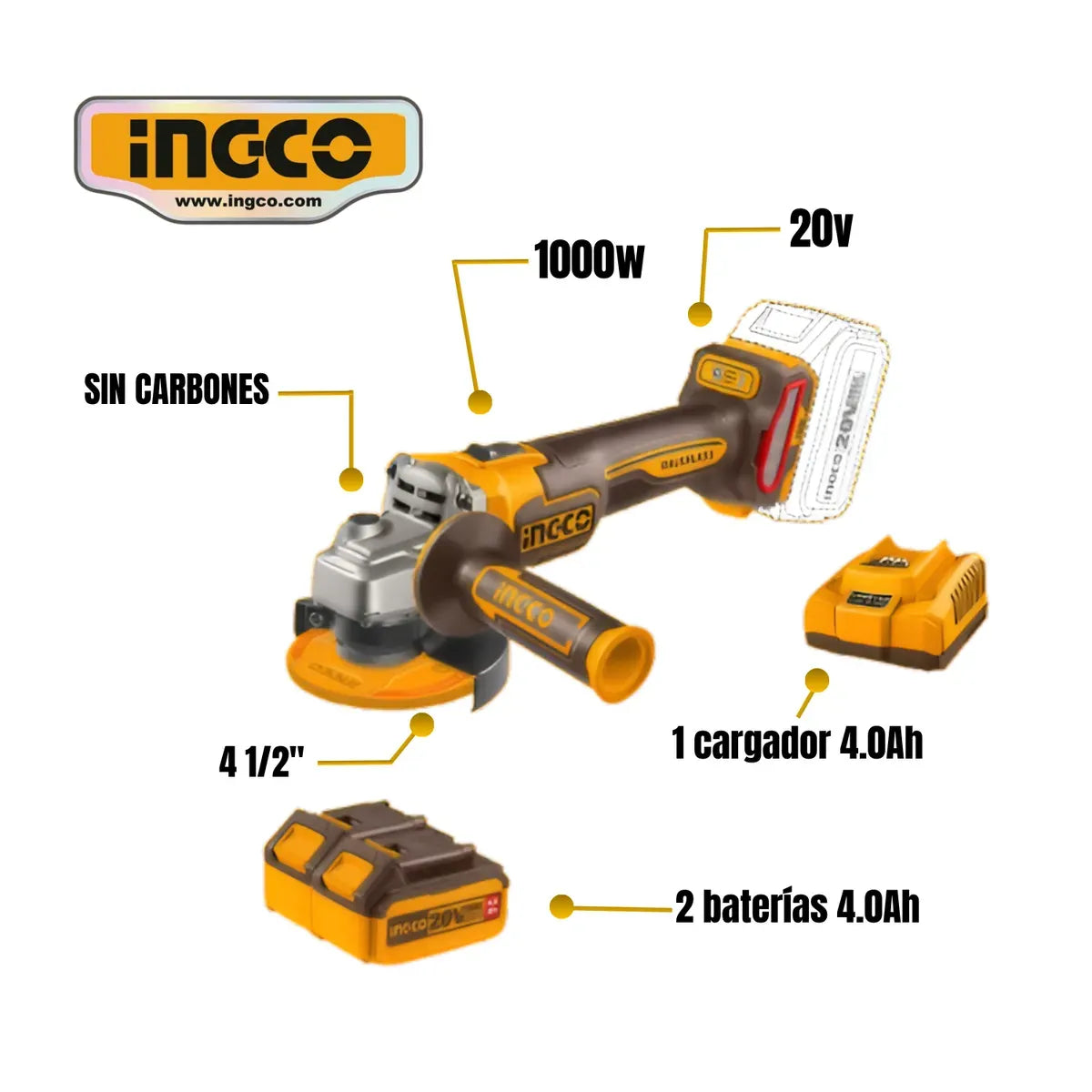 Amoladora Angular 115mm Portatil 20v con accesorios INGCO CAGLI271532