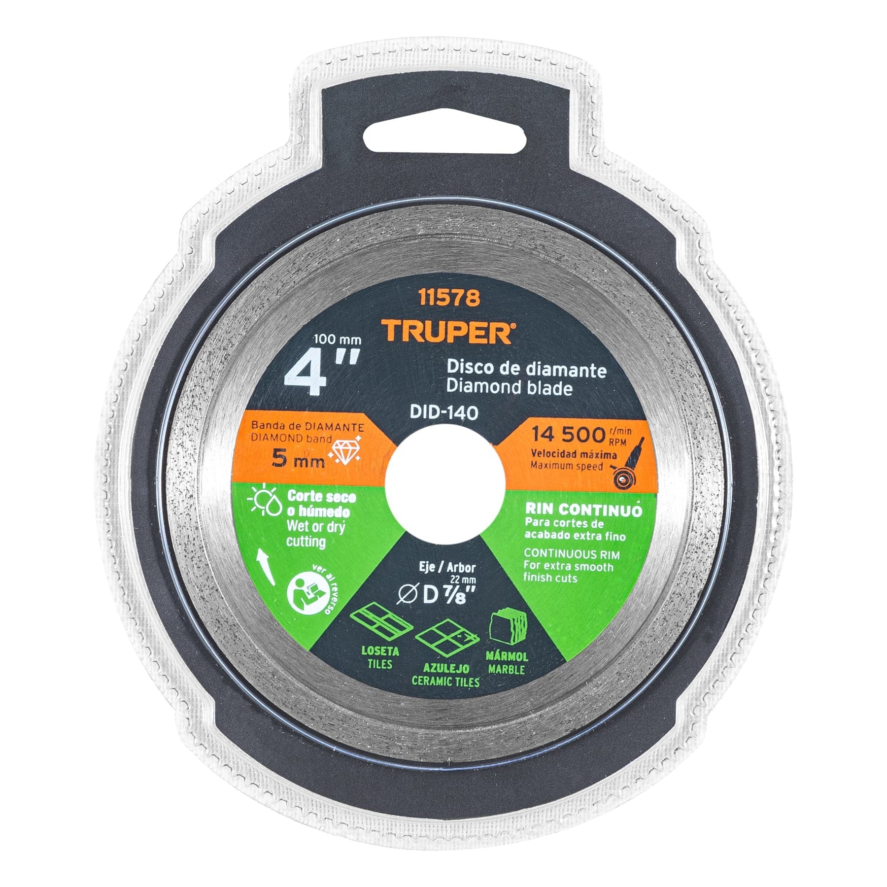 Disco de diamante de 4" x 1.6 mm, rin continuo, TRUPER 11578