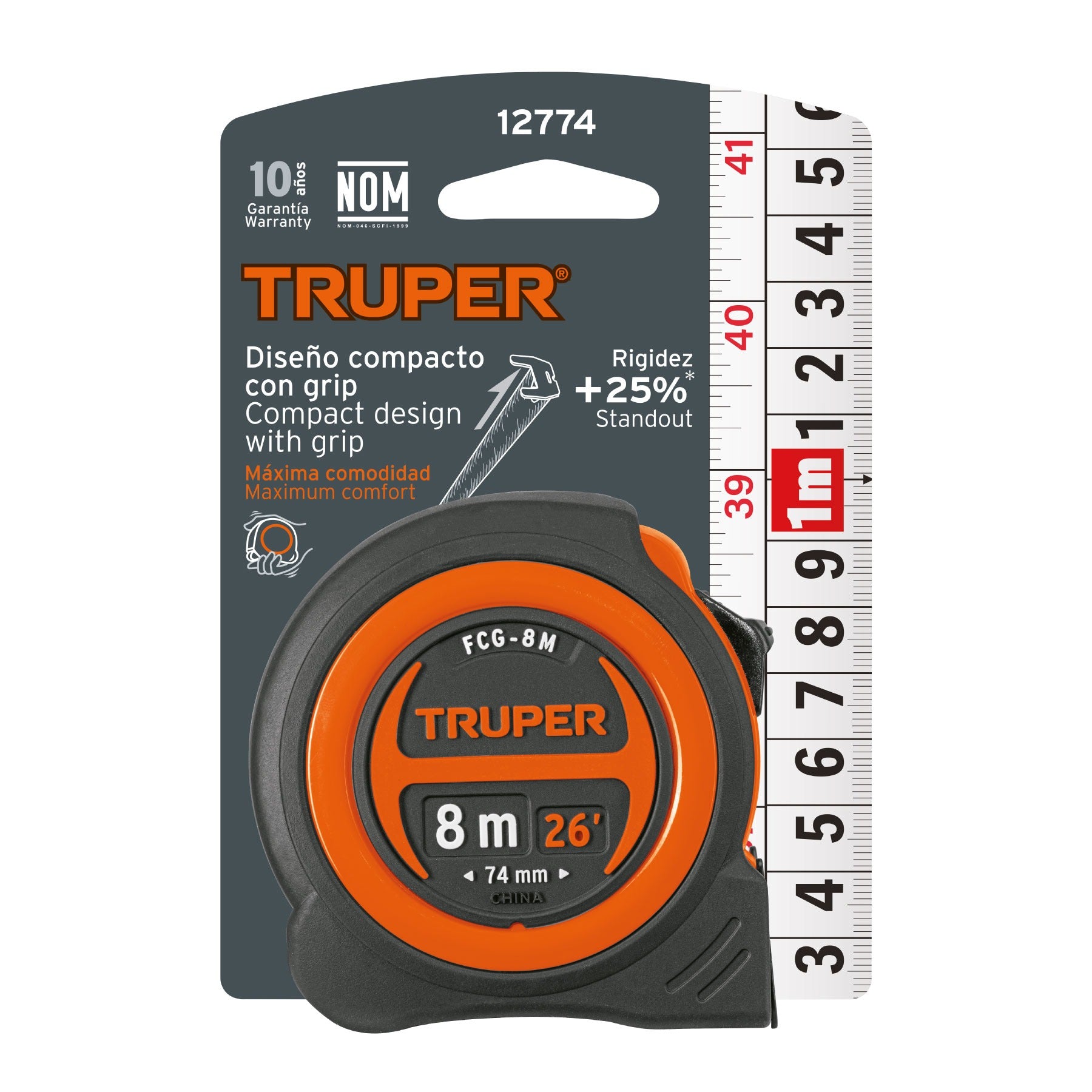 Cinta métrica compacto contra impactos 8 m cinta 25 mm, TRUPER 12774