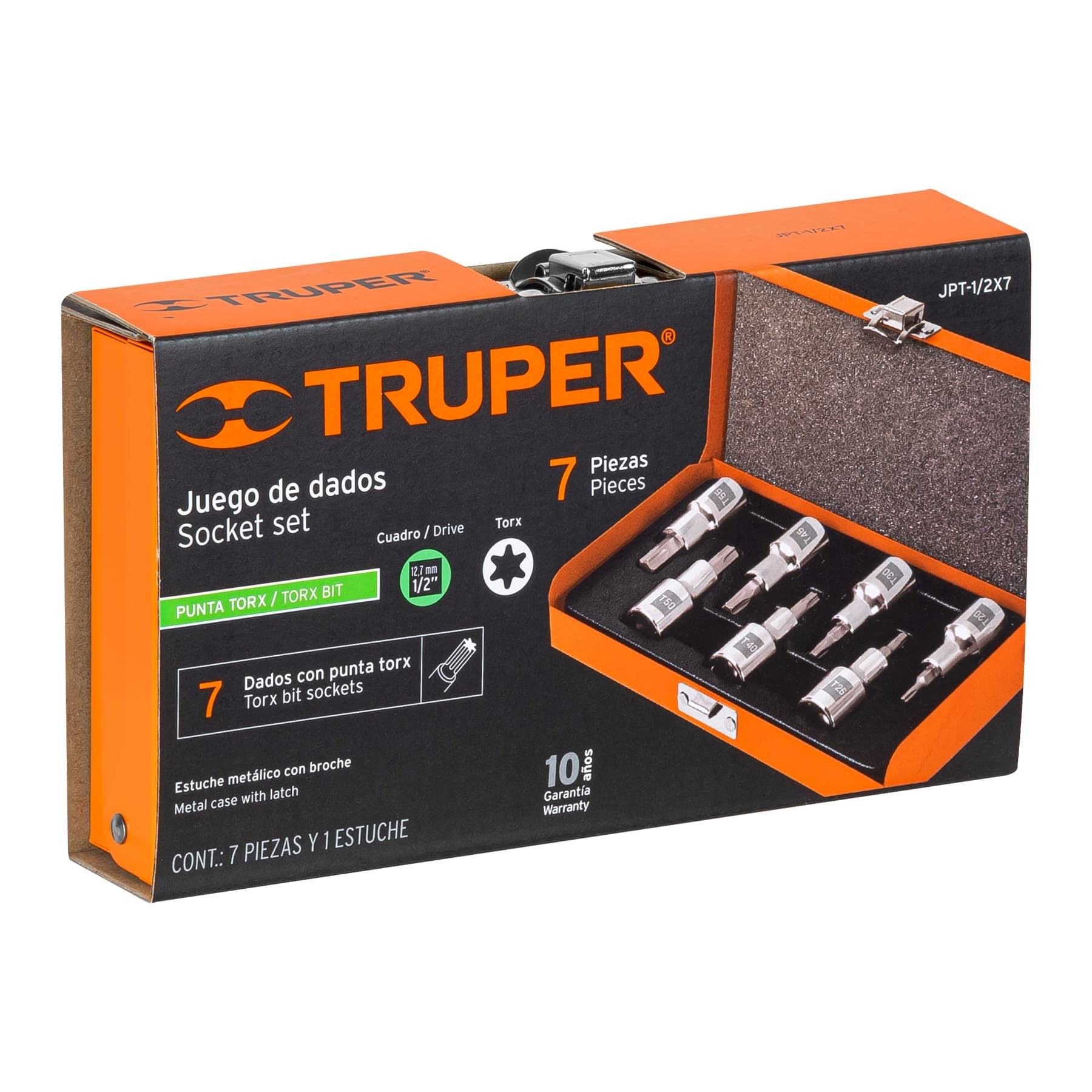 Juego de 7 dados cuadro 1/2" punta torx, estuche metálico TRUPER 13928