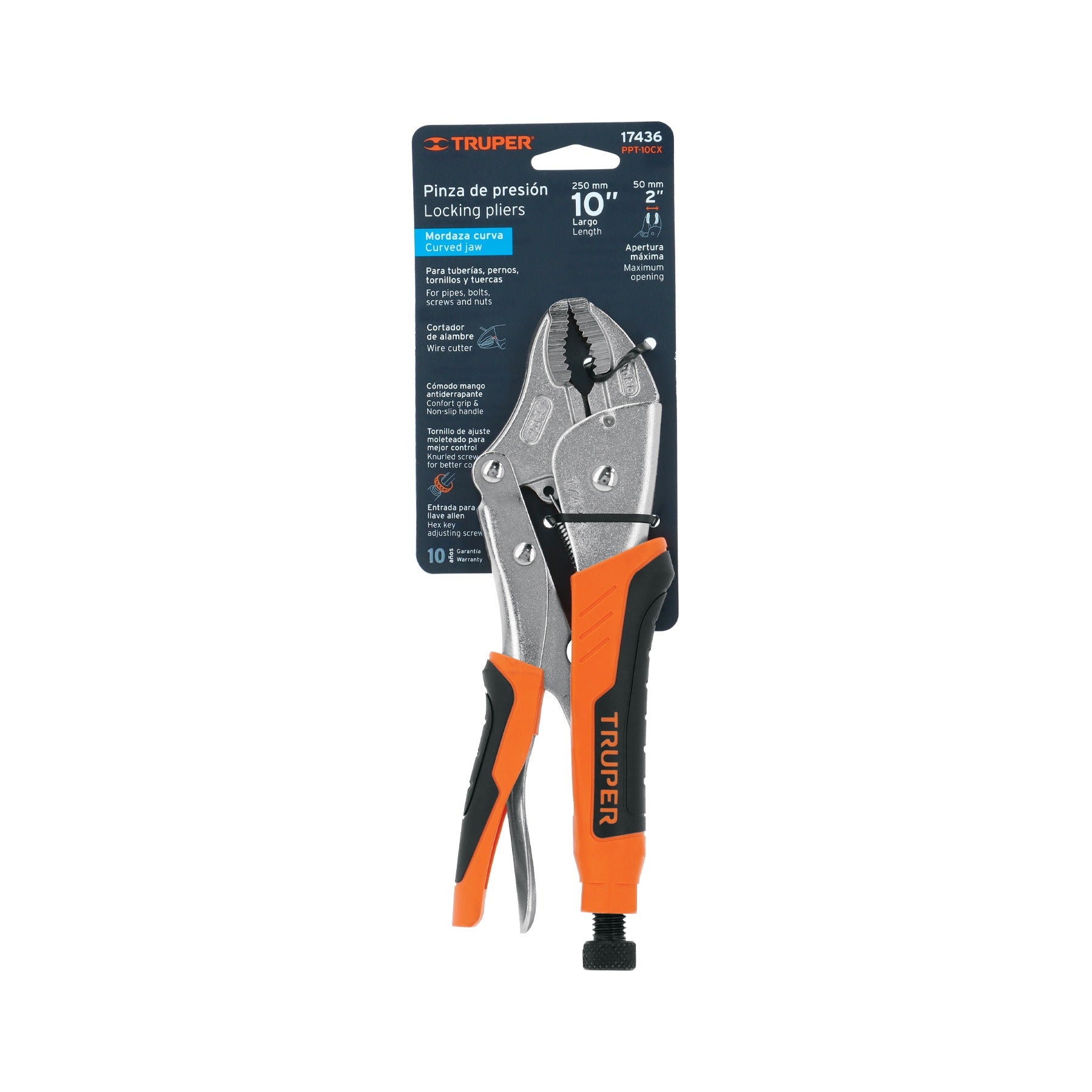 Pinza de presión 10" mordaza curva mango de vinil, TRUPER 17436