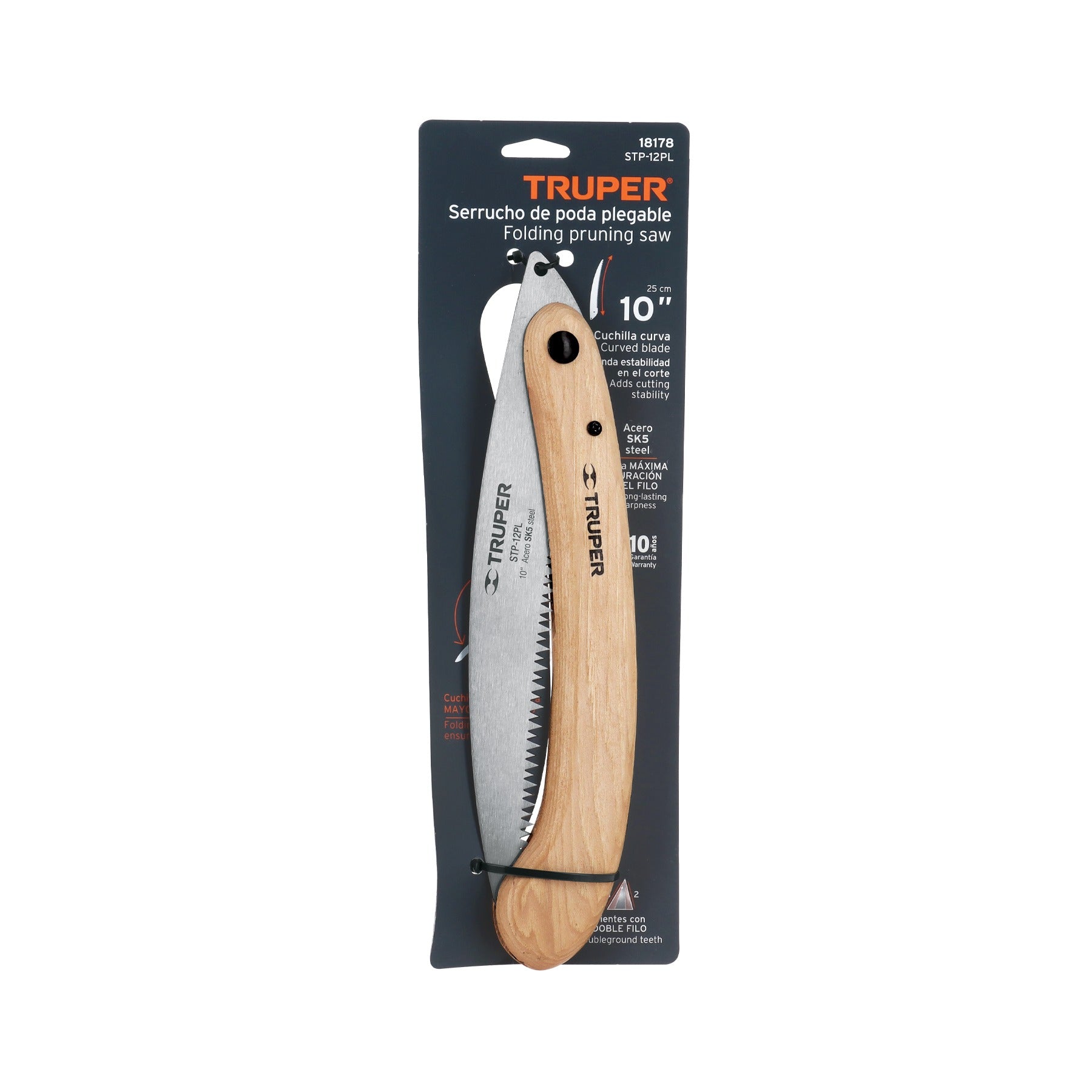 Serrucho plegable 10" hoja curva 6 DPP, mango madera, Truper - 18178