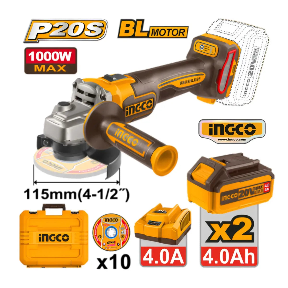 Amoladora Angular 115mm Portatil 20v con accesorios INGCO CAGLI271532