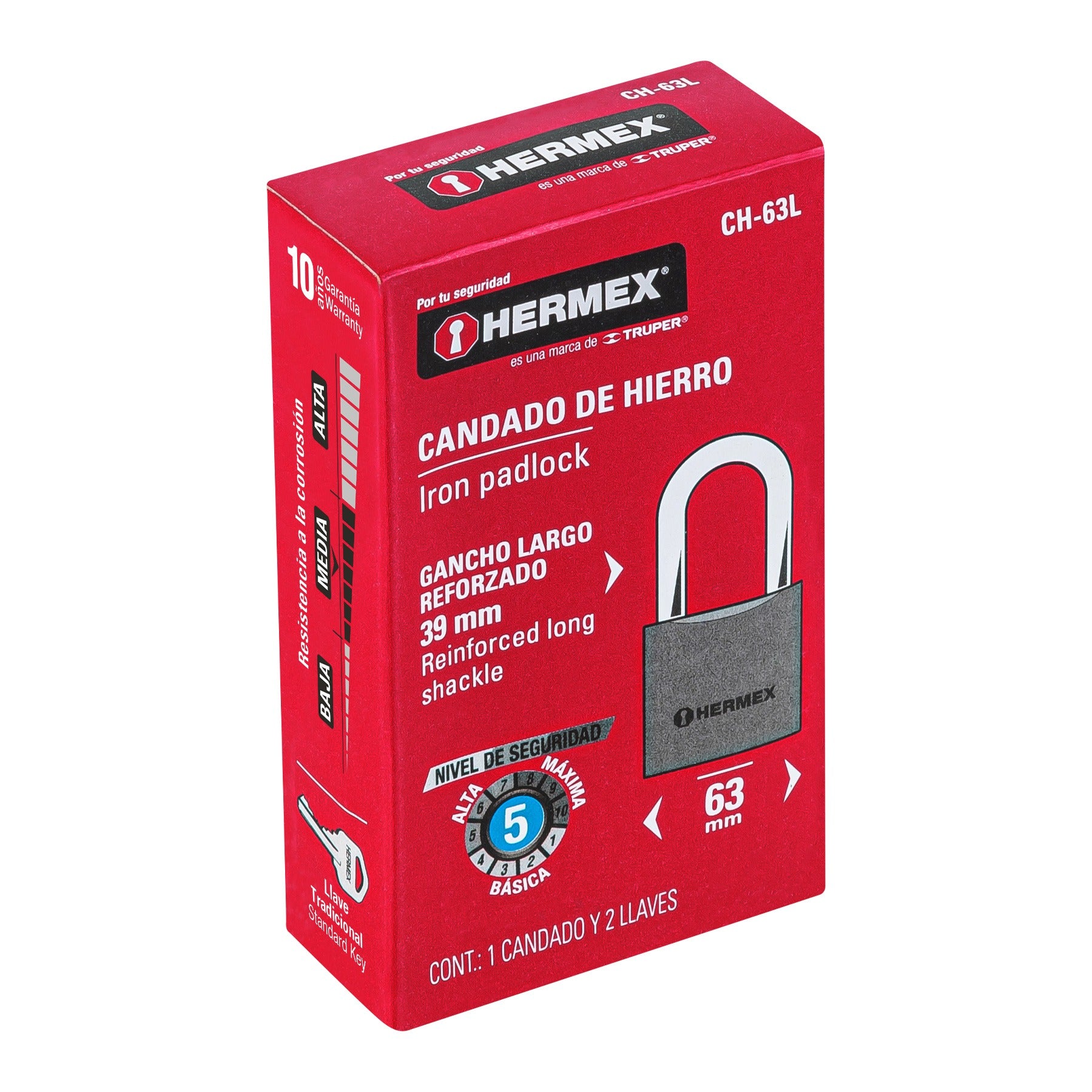 Candado de hierro 63 mm, gancho largo en caja, HERMEX - 43802