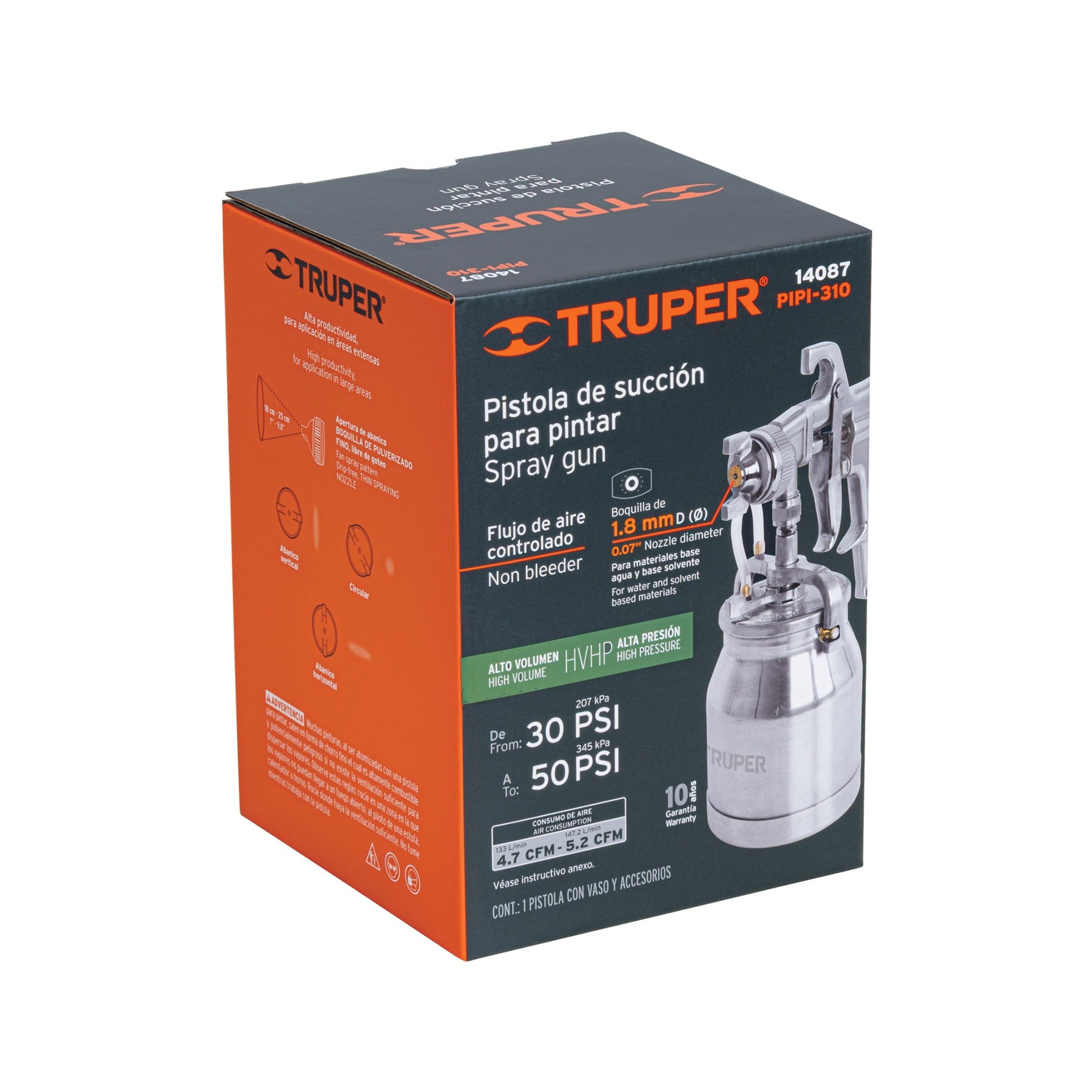 Pistola p/pintar succión HVHP vaso alum, 1.8mm, 2 vál TRUPER - 14087