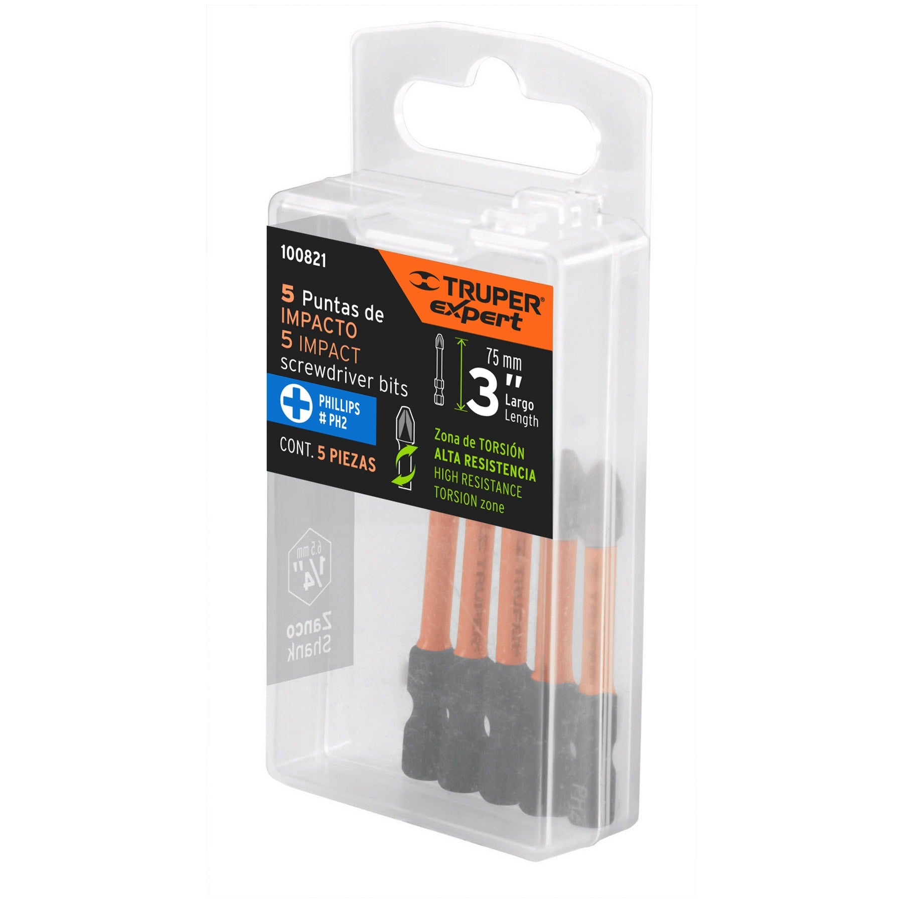 Estuche con 5 puntas de cruz PH2 de impacto largo 3", TRUPER - 100821