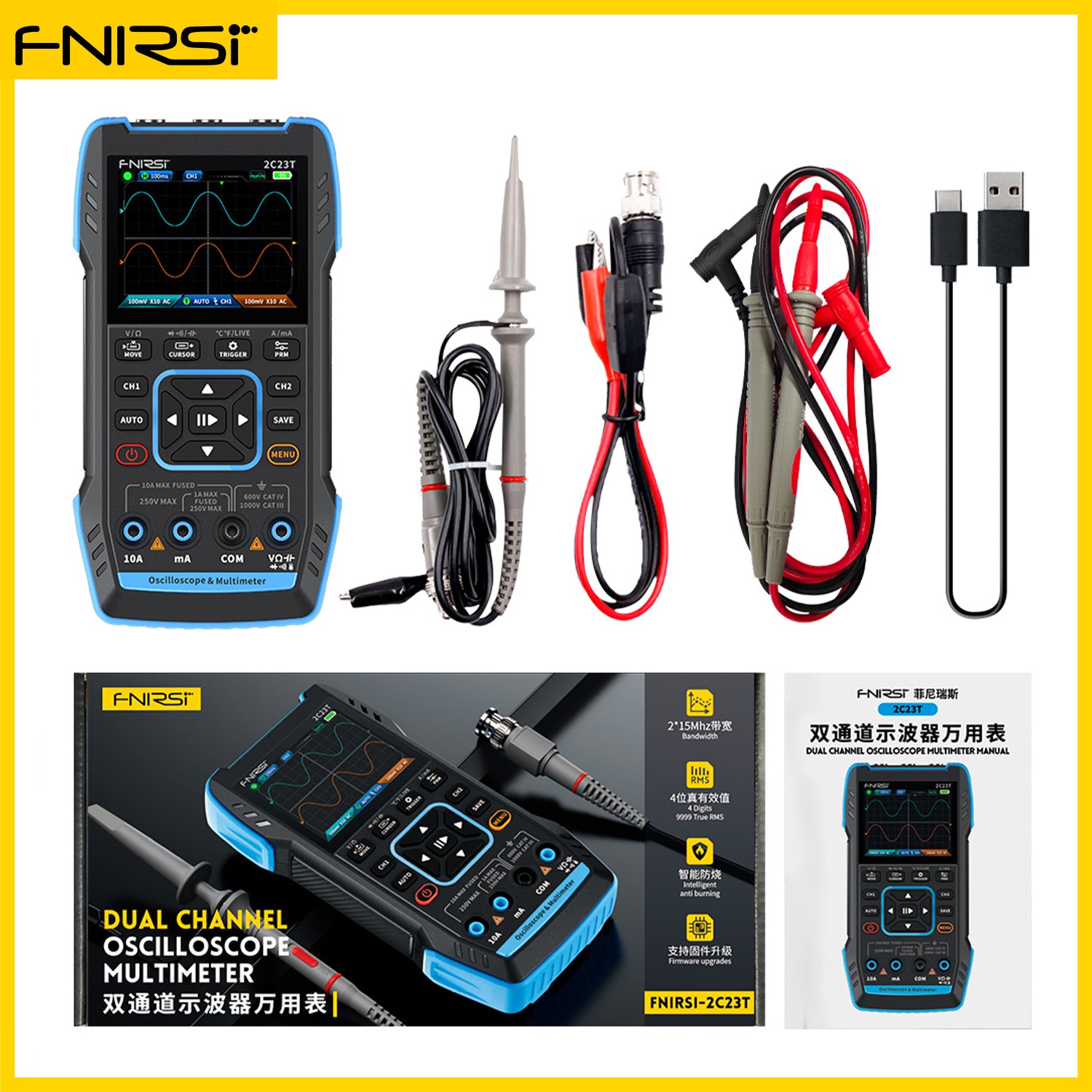 Multímetro Osciloscopio Digital de mano 2C23T, 3 en 1, 2 canales 10Mhz, Fnirsi