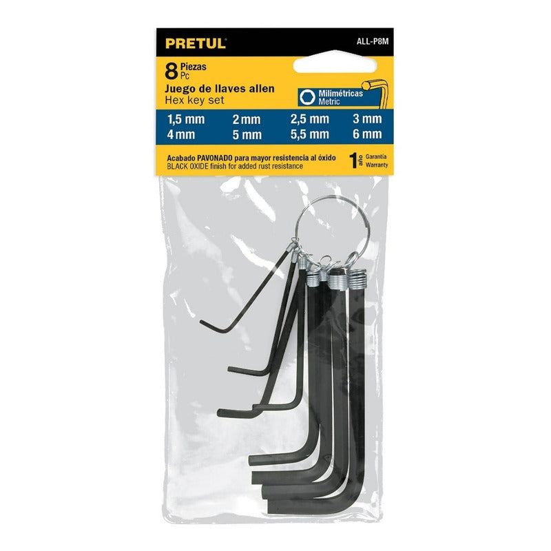 Juego 8 Llaves Allen Milim Hexagonal Tipo Llavero, Pretul