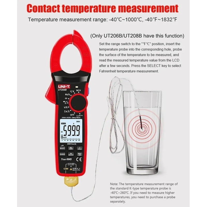 Pinza Amperimetrica Digital 1000A True RMS AC NCV Temperatura UNI-T UT-206B