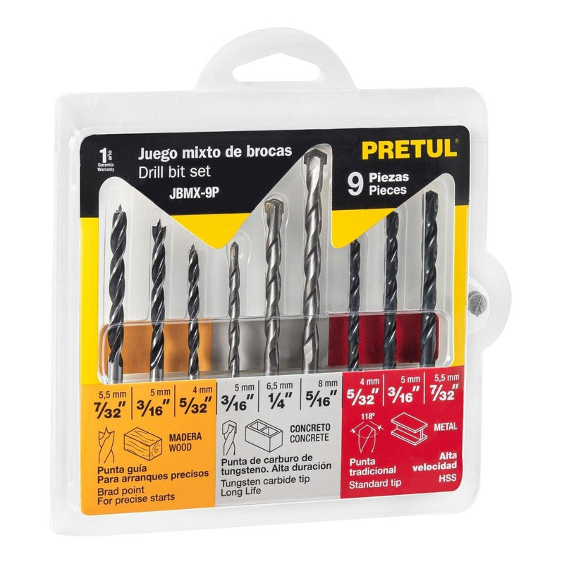 Juego De 9 Brocas Para Metal, Concreto Y Madera, Pretul