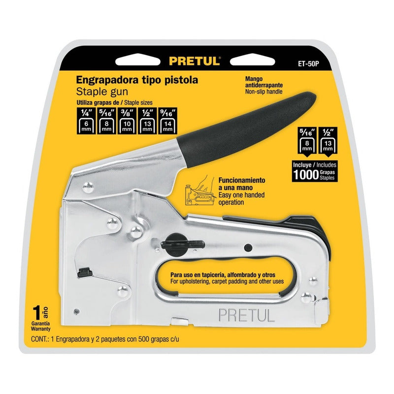 Engrapadora Tipo Pistola C/500 Grapas (5/16  Y 1/2 ), Pretul